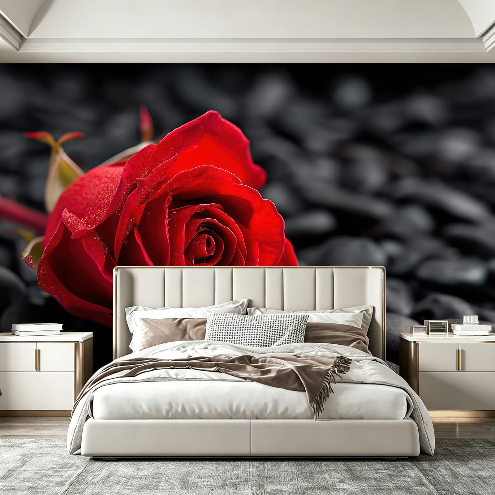 Fototapeta Naturalna Róża Kamyczki Fotografia Czarny Czerwony Włóknina Tapeta Dekoracja Salon Sypialnia Miłośnicy Sztuki, 350 x 256 cm