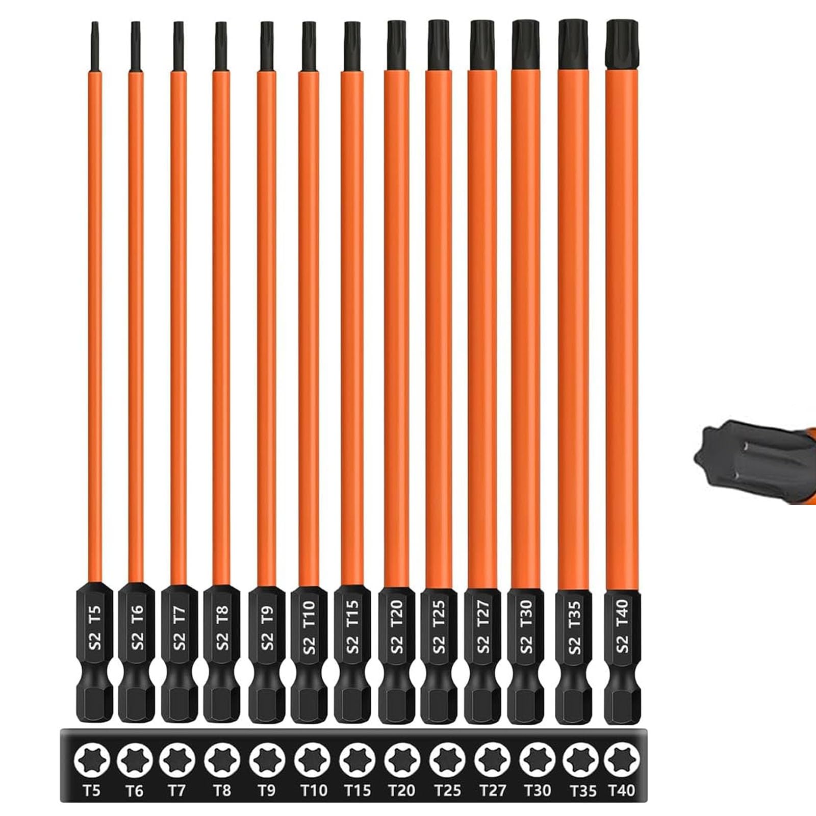 Oiieco 13 Pcs Long Torx Bit Set for Impact Driver Hex-Shank Torx Screwdriver Bit Magnetic Impact, S2 Steel Star Bit Set (T5-T40) 150 mm