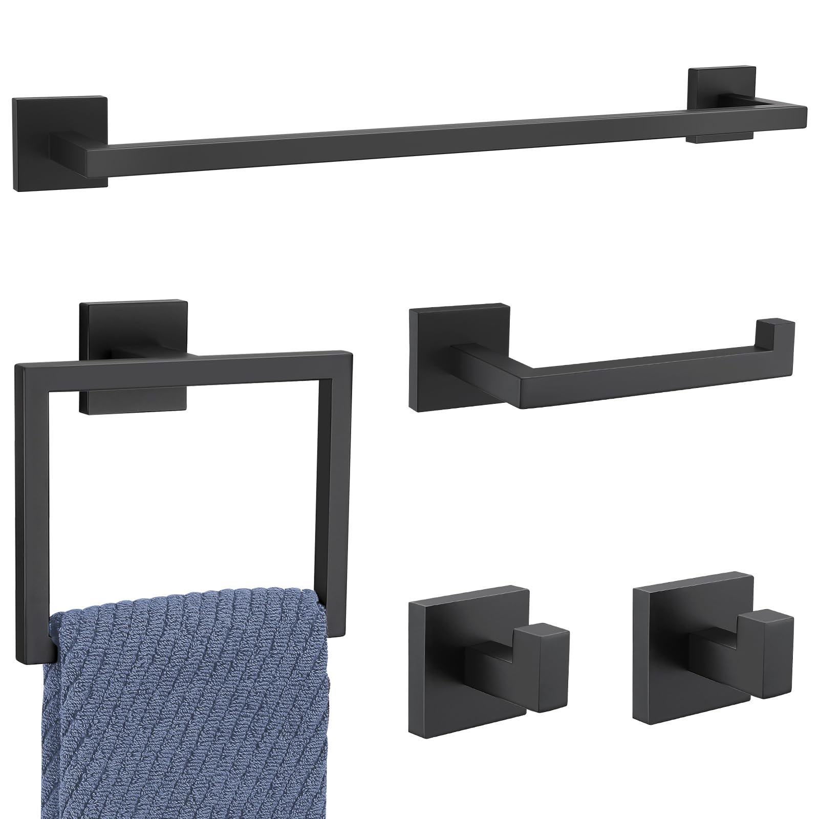 TNOMS 5 Pieces Matte Black Towel Bar Set,Bathroom Hardware Set Towel Racks Set for Bathroom SUS304 Stainless Steel Bathroom Accessories Wall Mounted,23.6 Inch