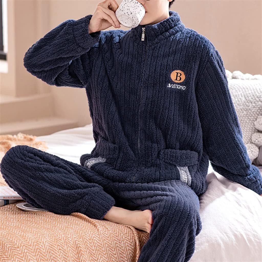 Men's Winter Coral Fleece Thickened and Autumn and Flannel Casual Cardigan Homewear Suit