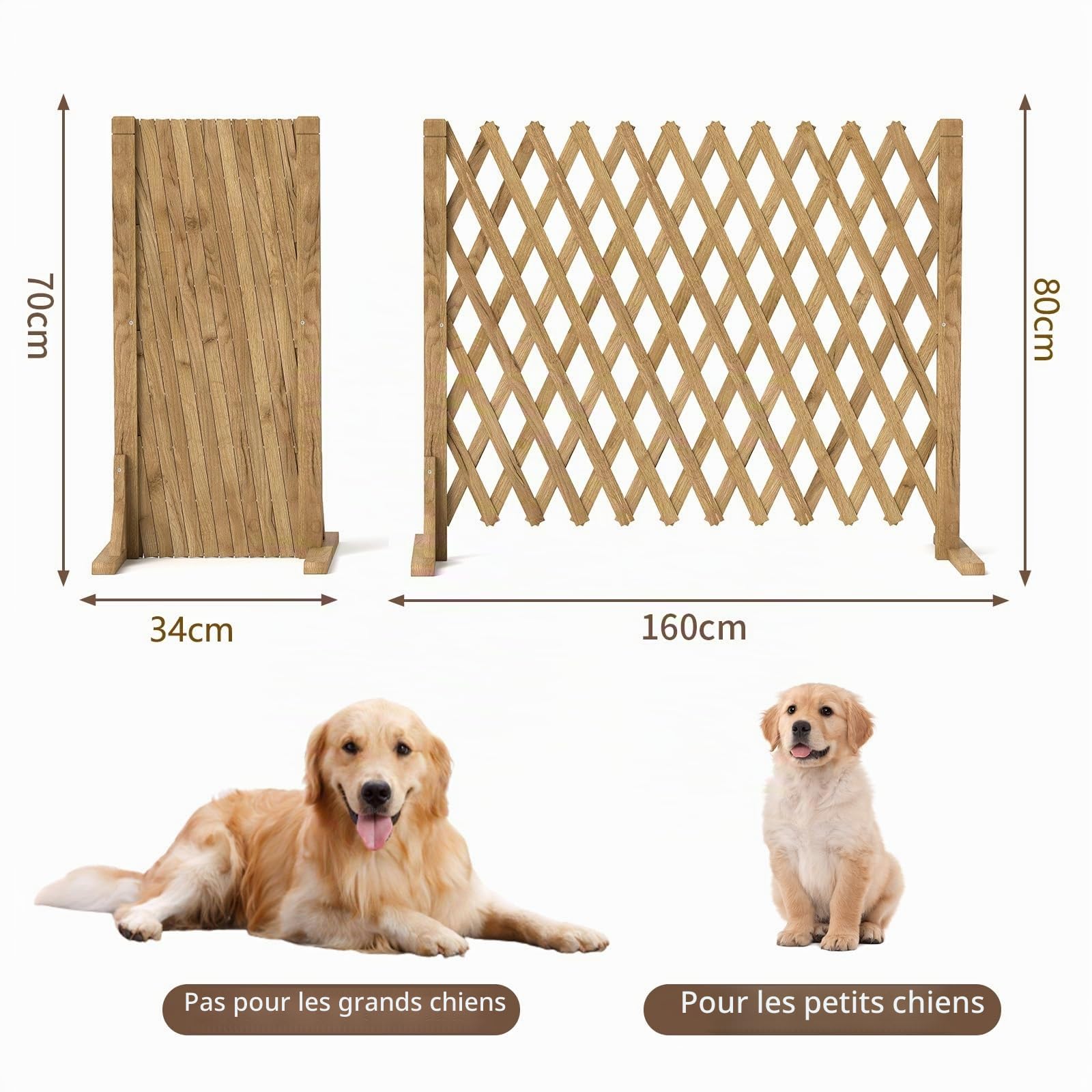 Nisorpa Lot de 2 clôtures extensibles en bois massif - Treillis extensible sur pied - Longueur réglable de 34 à 160 cm - Clôture rétractable pour intérieur et extérieur - Clôture de jardin extensible