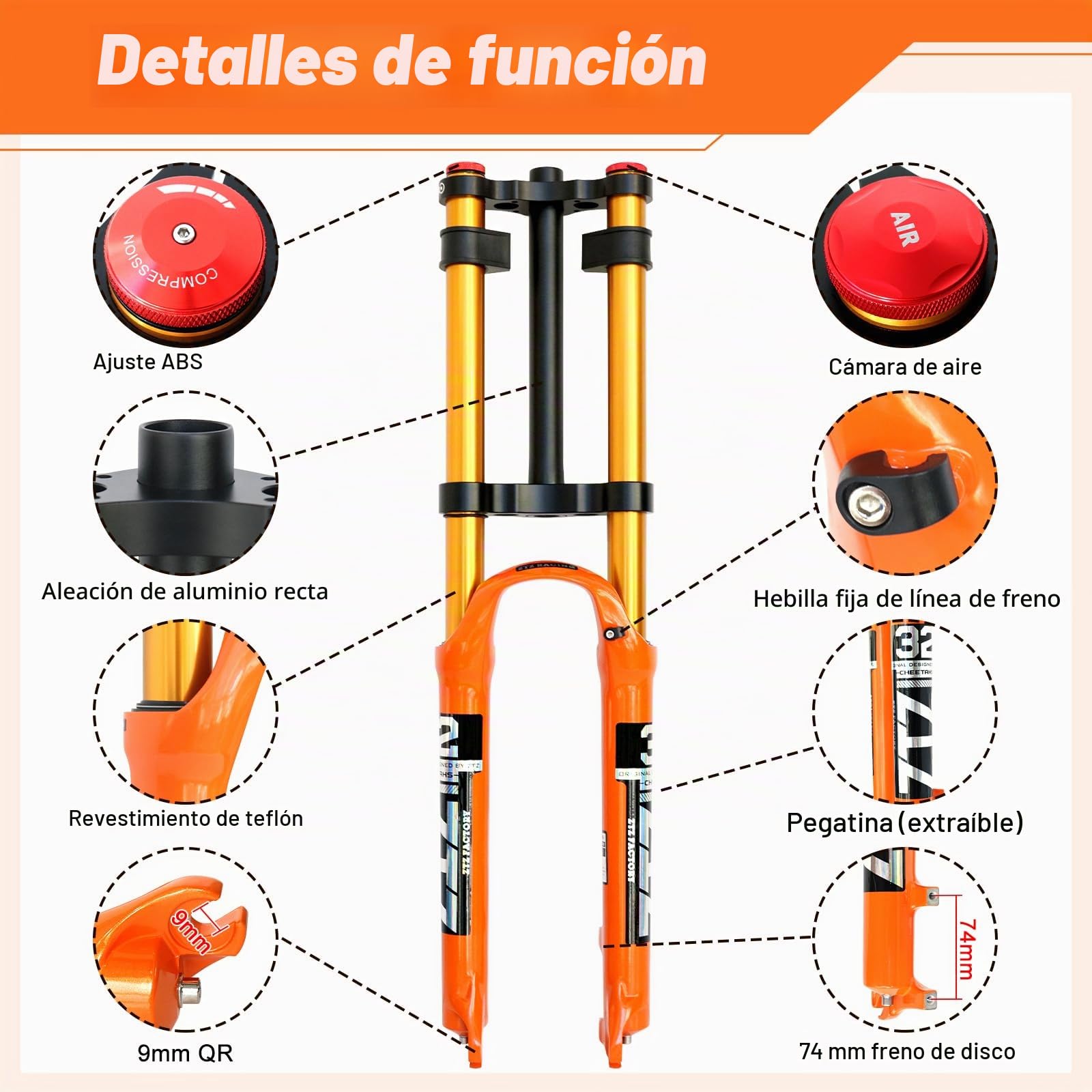 Horquilla de Suspensión de Bicicleta 26/27.5/29" para Bicicleta de Montaña DH Aire Doble Hombro Descenso Amortiguador Tubo Recto Amortiguador de Bicicleta Ultraligero Ajuste de Rebote