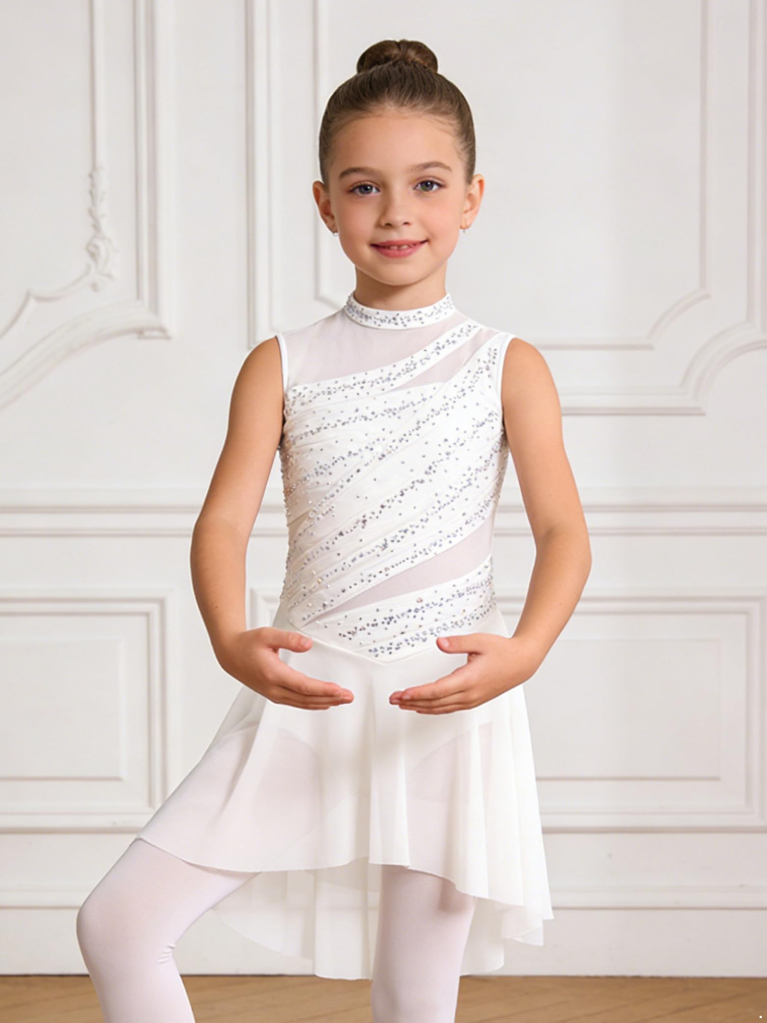 Robe Patinage Artistique Fille Body Strass sans Manches Justaucorps Gymnastique Leotard Ballet Robe Danse Contemporaine