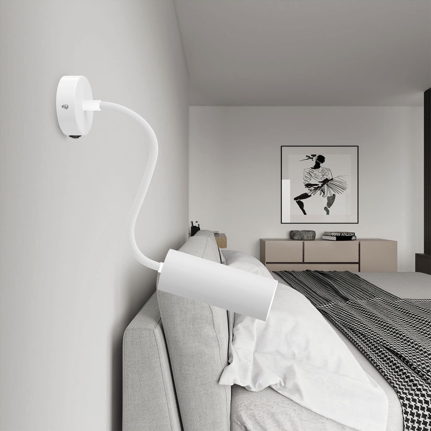 creative cables Fermaluce Flex 30 Leuchte mit Mini Baldachin mit Schalter und Strahler mit Tub-E14 Lampenschirm - con Lampadina, Bianco Opaco
