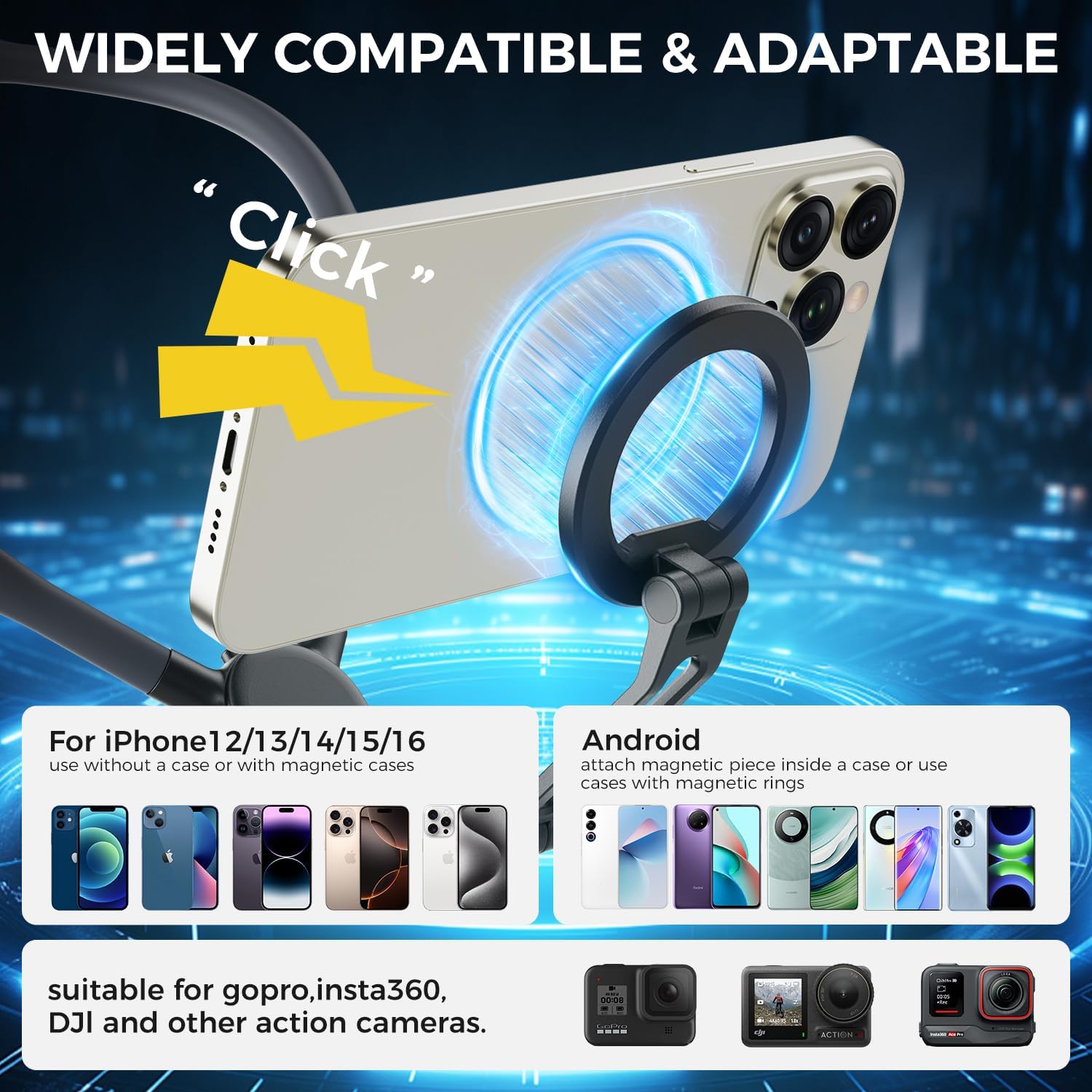 Magnetic Neck Phone Holder, Hands-Free POV/Vlog Neck Phone Selfie Chest Phone Holder with Strap, Used for Recording/Cooking/Cycling, Compatible with iPhone, Android, GoPro, Insta360 (Gray)