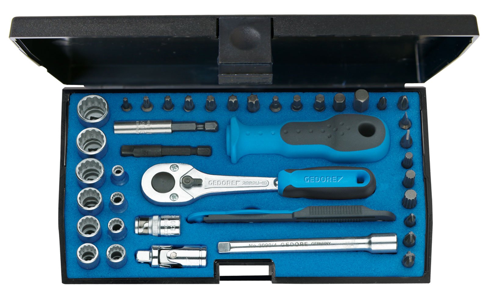 GEDORE Steckschlüsselsatz, Set 40tlg, 12-kant, 1/4 Zoll, 4-13mm, Werkzeug, Knarre Umschalthebel Bits, für KFZ, D20 TMU 10