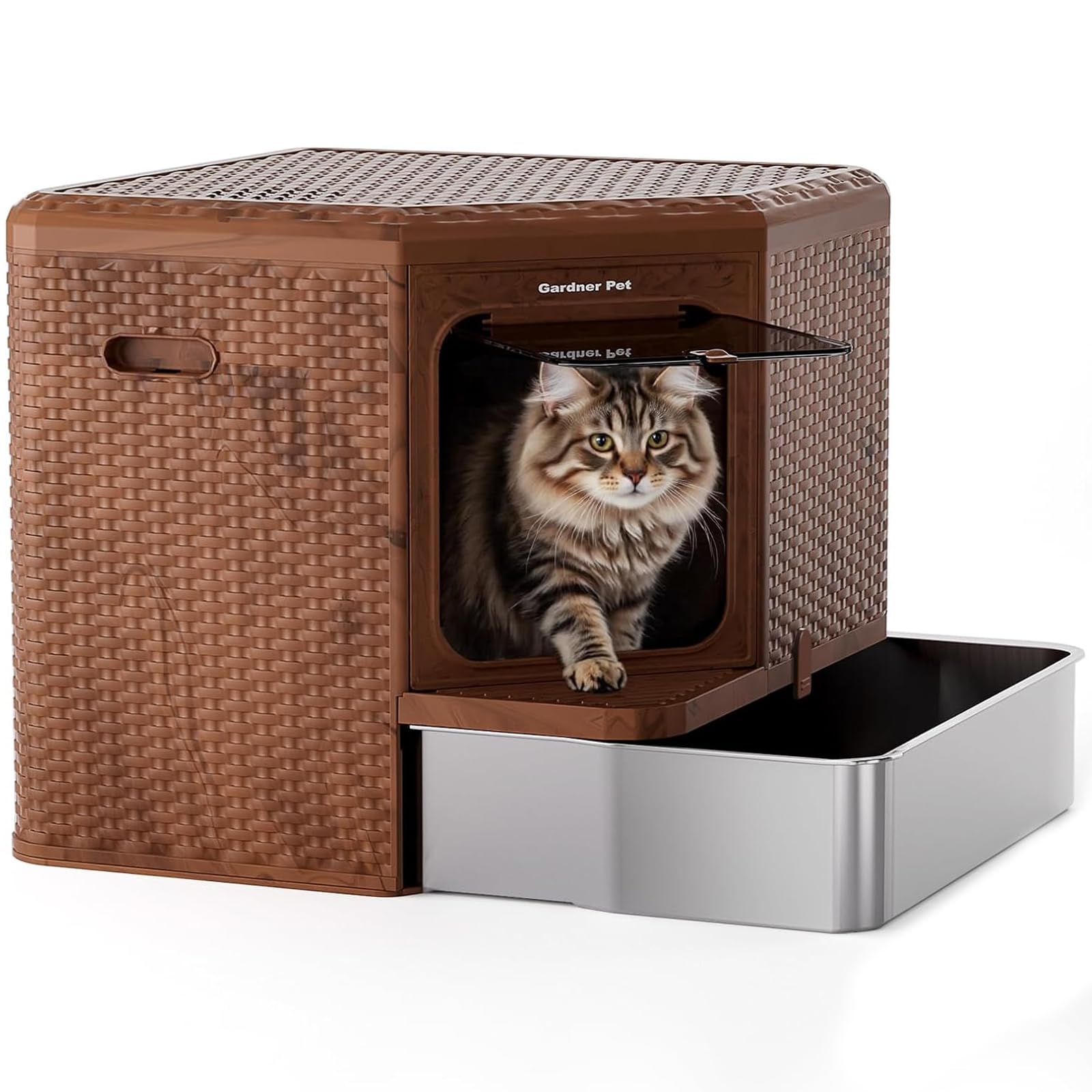 Gardner Pet Extra Large Cat Litter Tray, Odor-Resistant Enclosed Cat Litter Box with Stainless Steel Tray, Removable Bottom Compartment Tray, Easy Cleaning, Suitable Cats, Brown