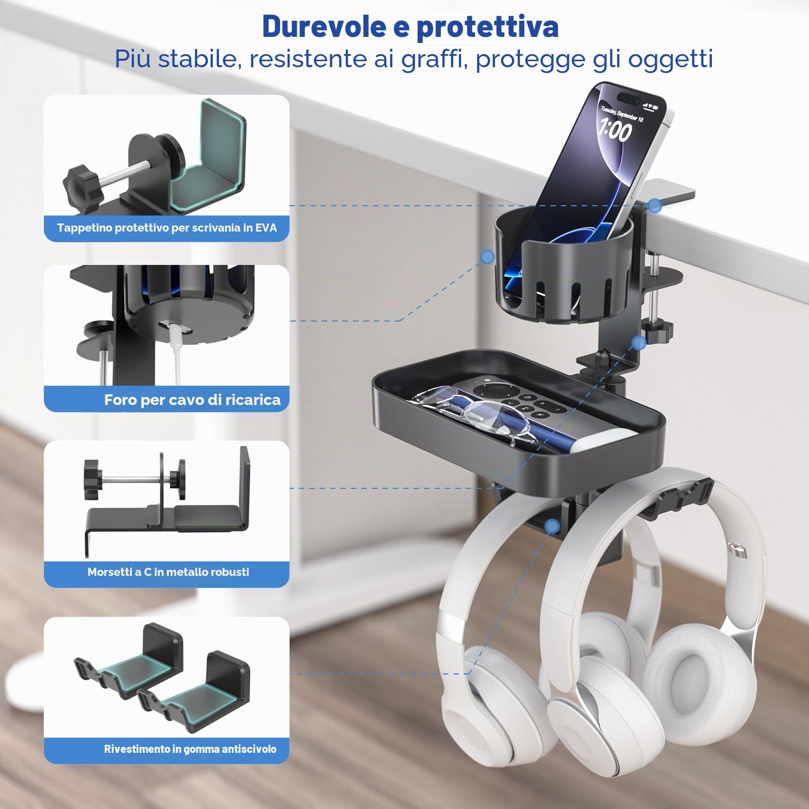 KDD Portabicchieri da Scrivania con 2 Gancio Cuffie e Cassetto sotto Scrivania, Resistente Porta Tazze da Tavolo con Morsetto a C di base di Supporto per Ufficio Scuola sala Giochi Accessori
