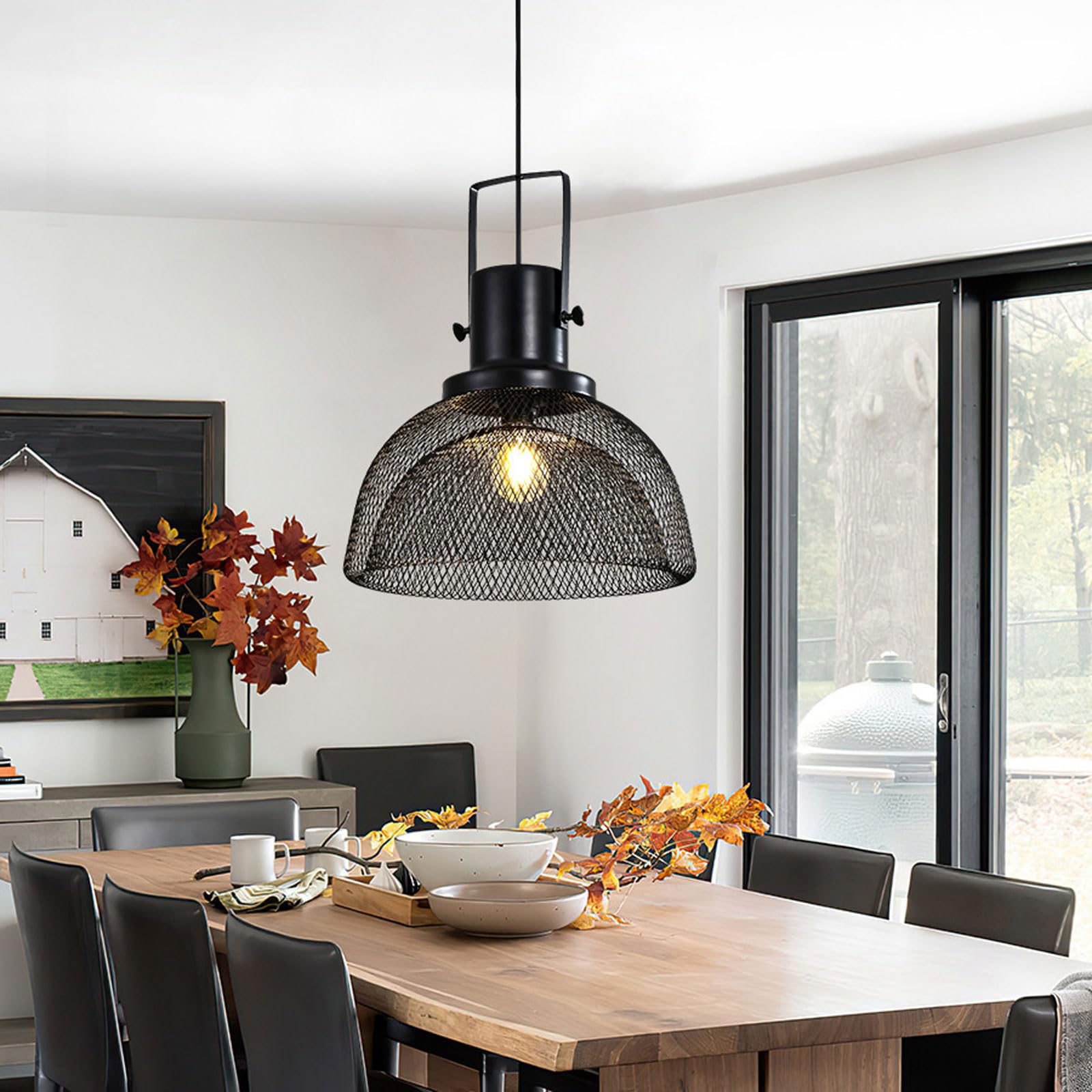 Lampadario a sospensione industriale in rete metallica nera per isola cucina, stile bar americano, adatto per caffè e balconi.