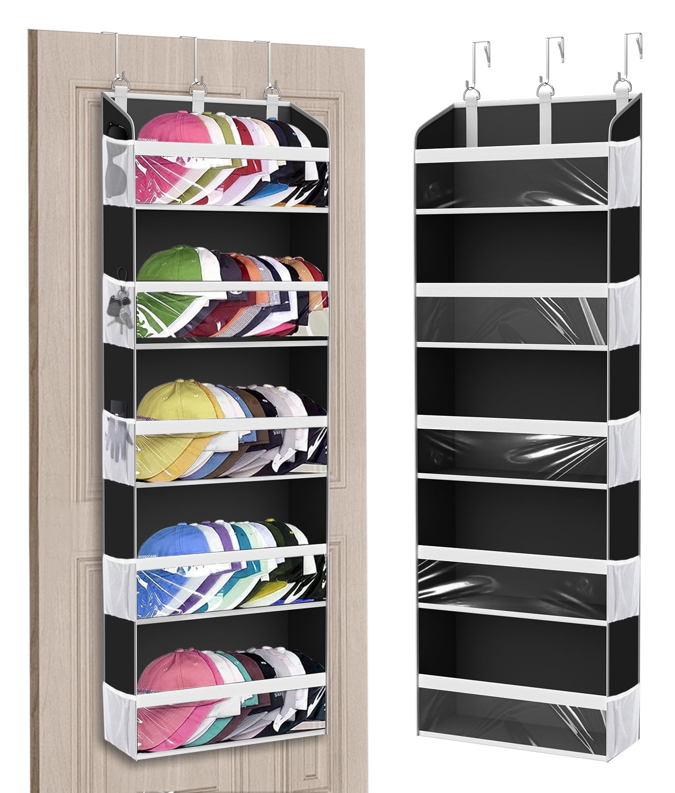 KYEVIS Holds 60 Caps Over the Door Hat Storage, 5-Tier Baseball Cap Organizer with 10 Mesh Side Pockets, Hats Racks for Wall with Clear Window, 1 Pack Black