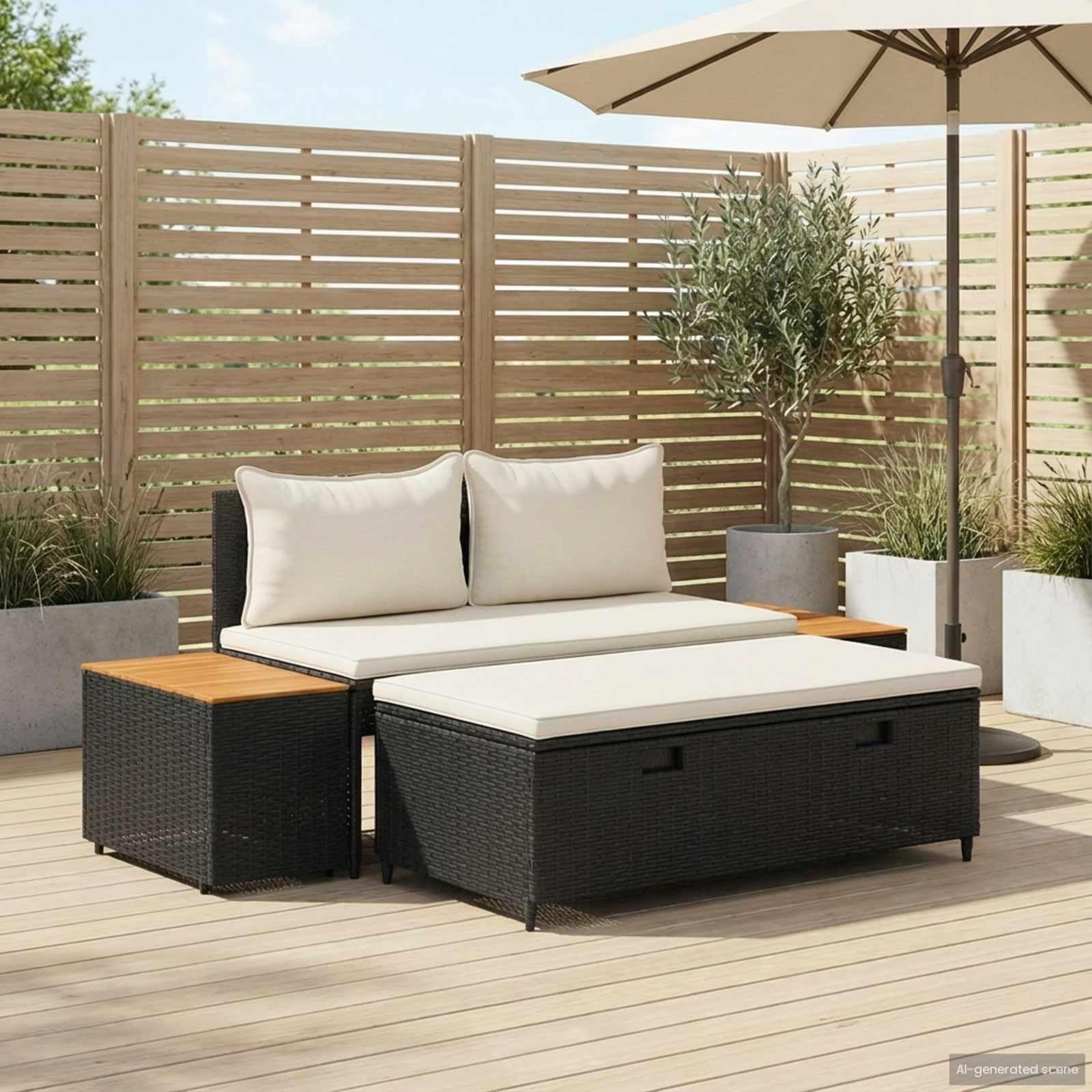 4-osobowa sofa ogrodowa, 4-osobowa, czarna, kremowo-biała, odporna na warunki atmosferyczne, na taras, balkon, werandę, lounge, z poduszkami i miejscem do przechowywania