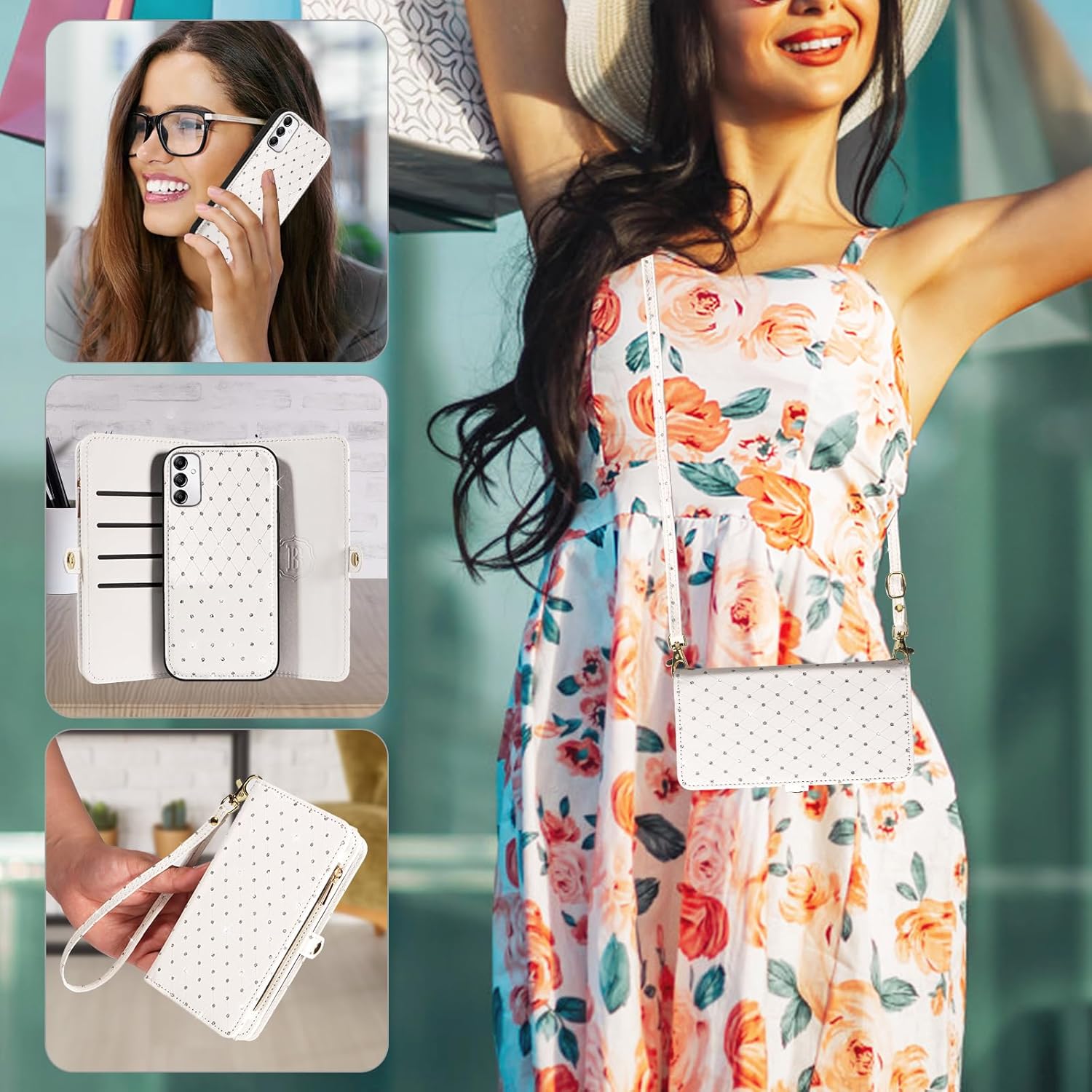 Asuwish Phone Case for Samsung Galaxy A14/M14 5G Zipper Wallet Detachable Cell Cover with Tempered Glass Screen Protector Crossbody Strap Glitter Flip Card Holder Slot A 14 4G 14A 14M G5 Women White