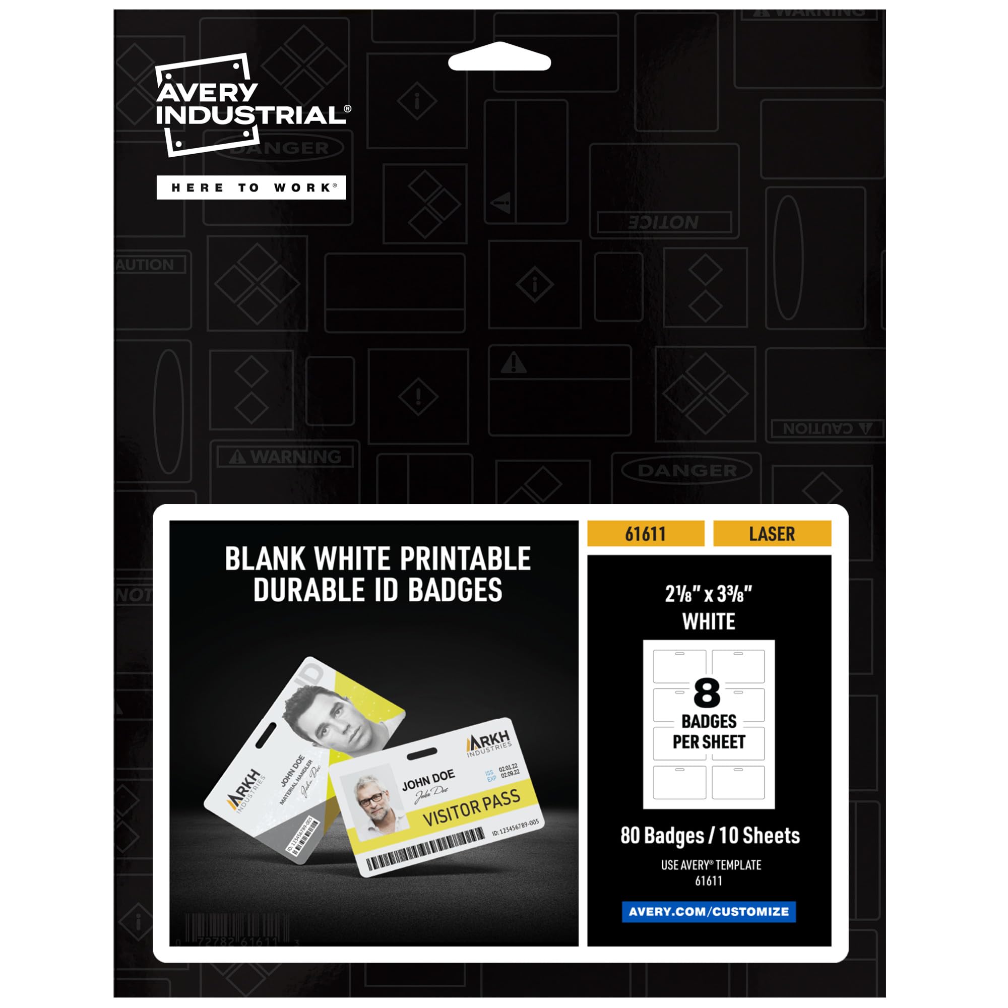 Avery Durable Wide ID Badges for Lanyards, Laser Printable on Both Sides, Blank White, 80 Total, 3.375" x 2.125" (61611) — image 1