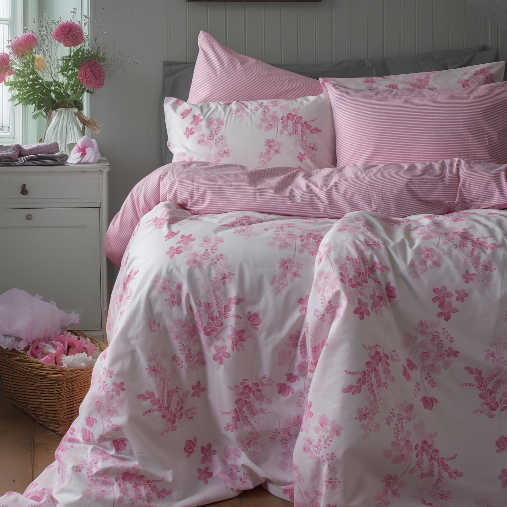 Leruum Pink Cotton Duvet Cover King Size Ping Bedding Floral & Striped Pattern
