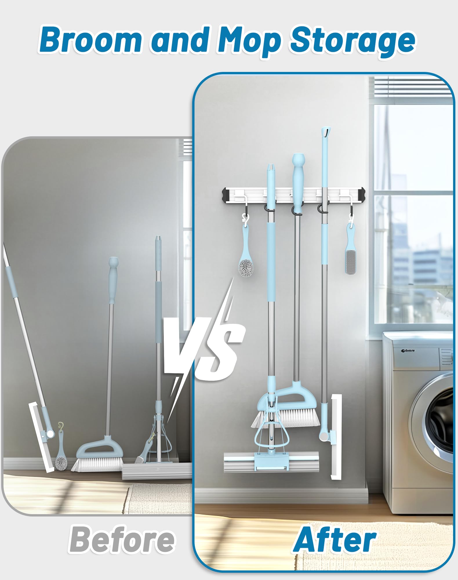 Soporte de pared para fregona y escoba, estilo moderno y simple, resistente aleación de aluminio, regalos de almacenamiento para cuartos de lavado, baños, garajes, cobertizos y jardines. 5