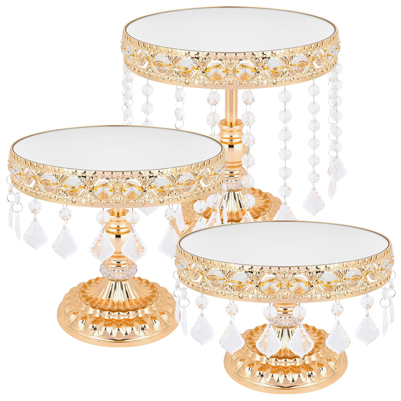 3 PCS Round Cake Stand with Crystal Bling Pendants European Style Lace Cake Plate Golden Premium Display Stand with Crystal Bling Pendants Dessert Showcase Set for Birthday Parties?Wedding,Banquet