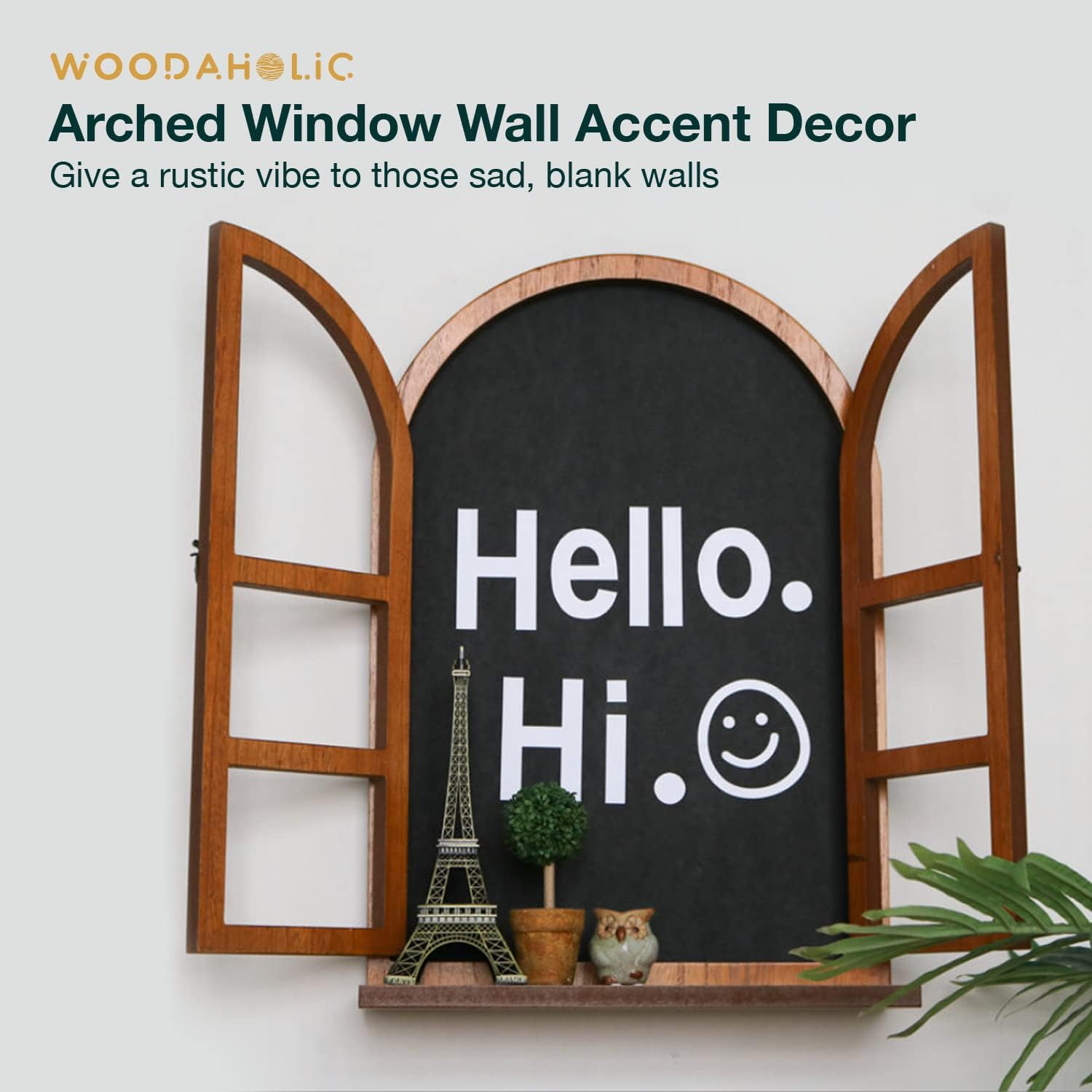 Rustic Arched Window Wood Frame Board - Farmhouse Style Frame Wall Decor w/Window Sill & Shutters - Faux Wall Window Decoration for Home, Restaurant, Cafe - Wooden Cathedral Arch Window w Chalkboard