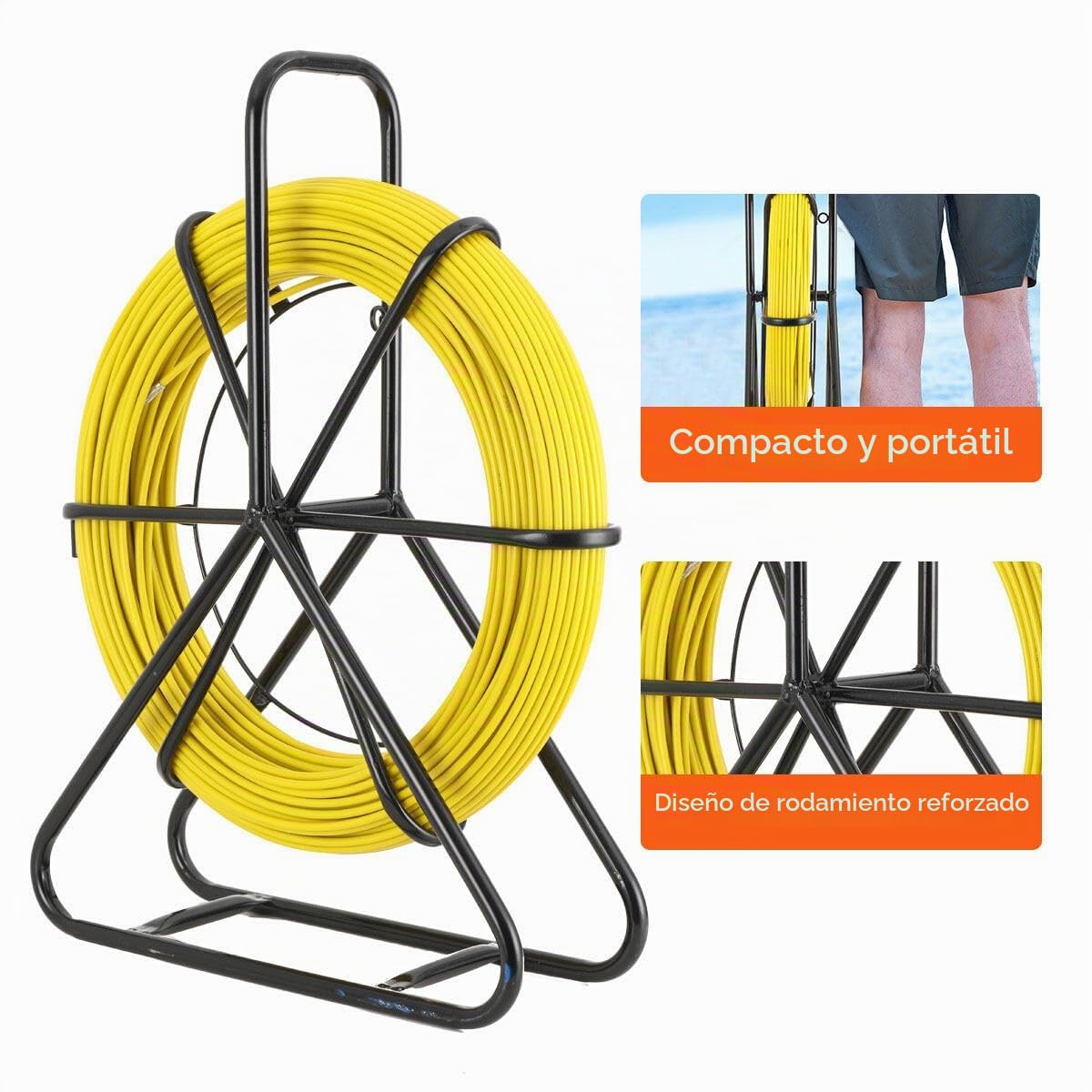 Fiberglas Kabel Rad 6mm x 100m Glasfaserstab, Rodder Fischband Drahttzieher Elektrokabel Kabeleinfädler mit Stahlrahmen