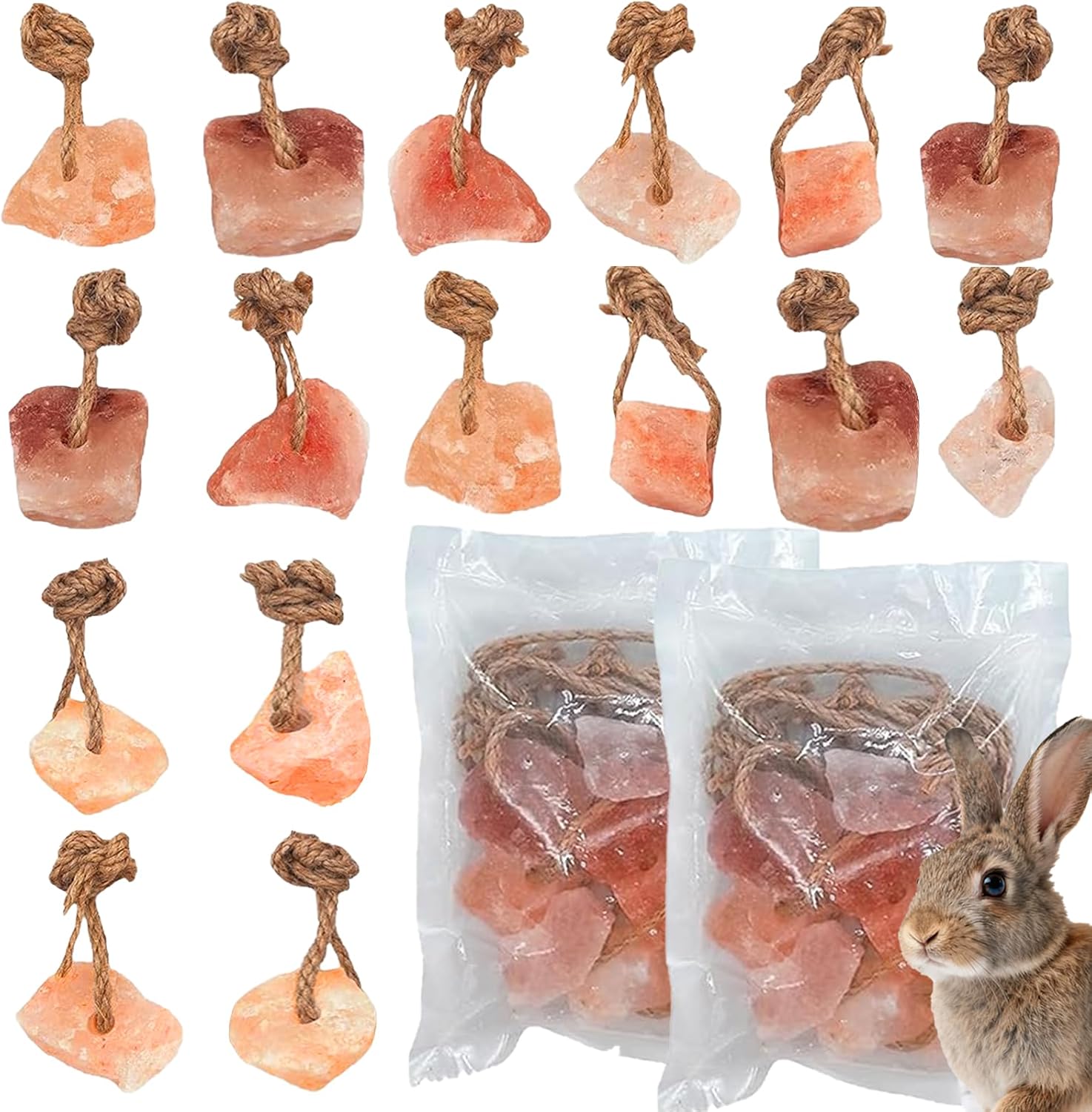 Hamiledyi 16 PCS Rabbit Salt Lick Block Natural Small Animal Himalayan Salt Lick Chew Toys with Hanging Rope Rat Mineral Block Chew Treat Supplies for Bunny Guinea Pig Chinchilla Ferret Hametsr