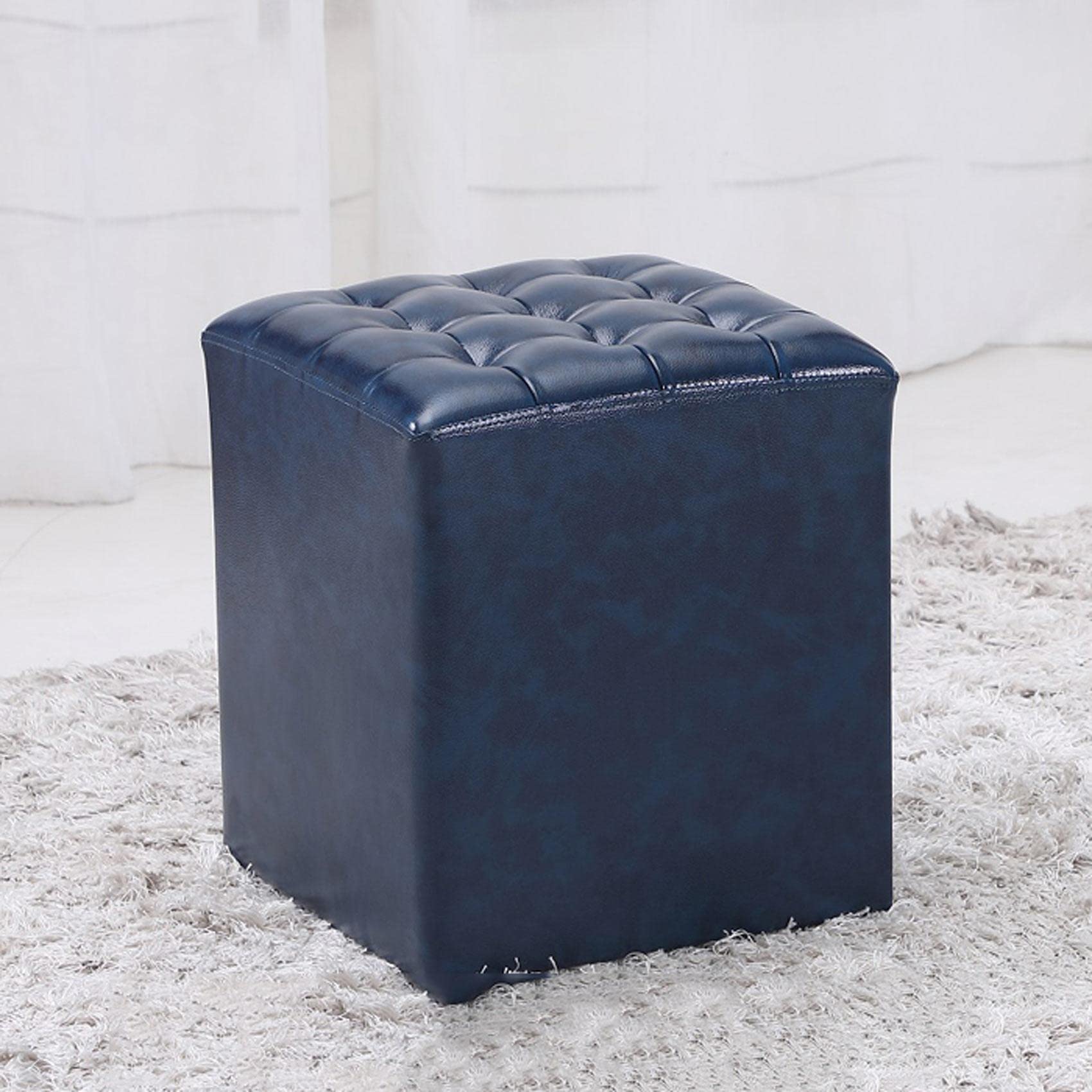 LMMIAOZ Dark Blue Square Footstool, Soft Leather Footrest, Non-Slip Shoe Changing Stool, Easy to Clean Ottoman, Comfortable Rest for Feet, Perfect for Home & Office Use