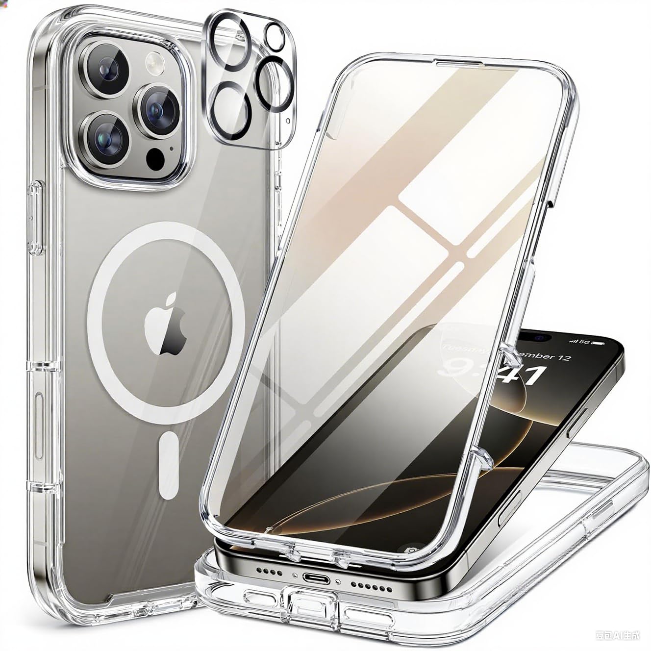 Miracase Magnetic for iPhone 16 Pro Max Case 6.9'' Full-Body Military Drop-Proof Phone Case for iPhone 16 Pro Max with Built-in Glass Screen Protector & Camera Protector with MagSafe, Clear
