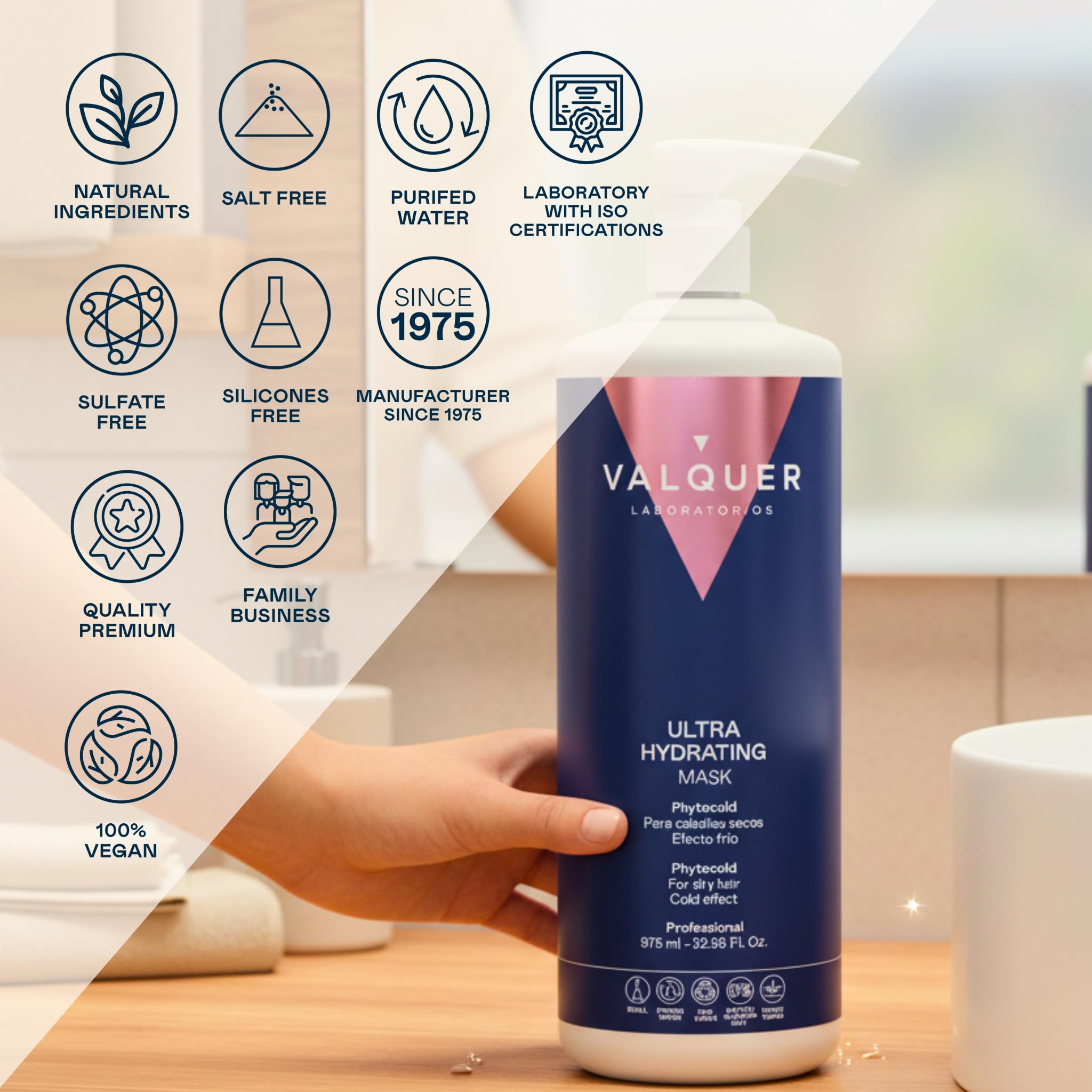 Valquer Profesional Ice Masque Ultra-hydratant pour Cheveux, 1000 ml | Kératine Végétale | Phytokératine & extrait de soja | Formule Zero | Sans sulfates, silicones ni sel | Vegan