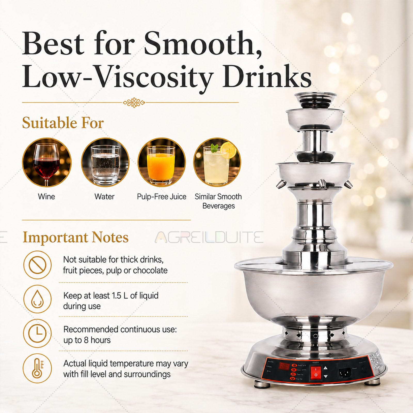 Fontana per bevande a 3 livelli per matrimonio, fontana a cascata 3,5L grande capacità con controllo digitale della temperatura, fontana per vino in acciaio inox per ricevimenti e banchetti