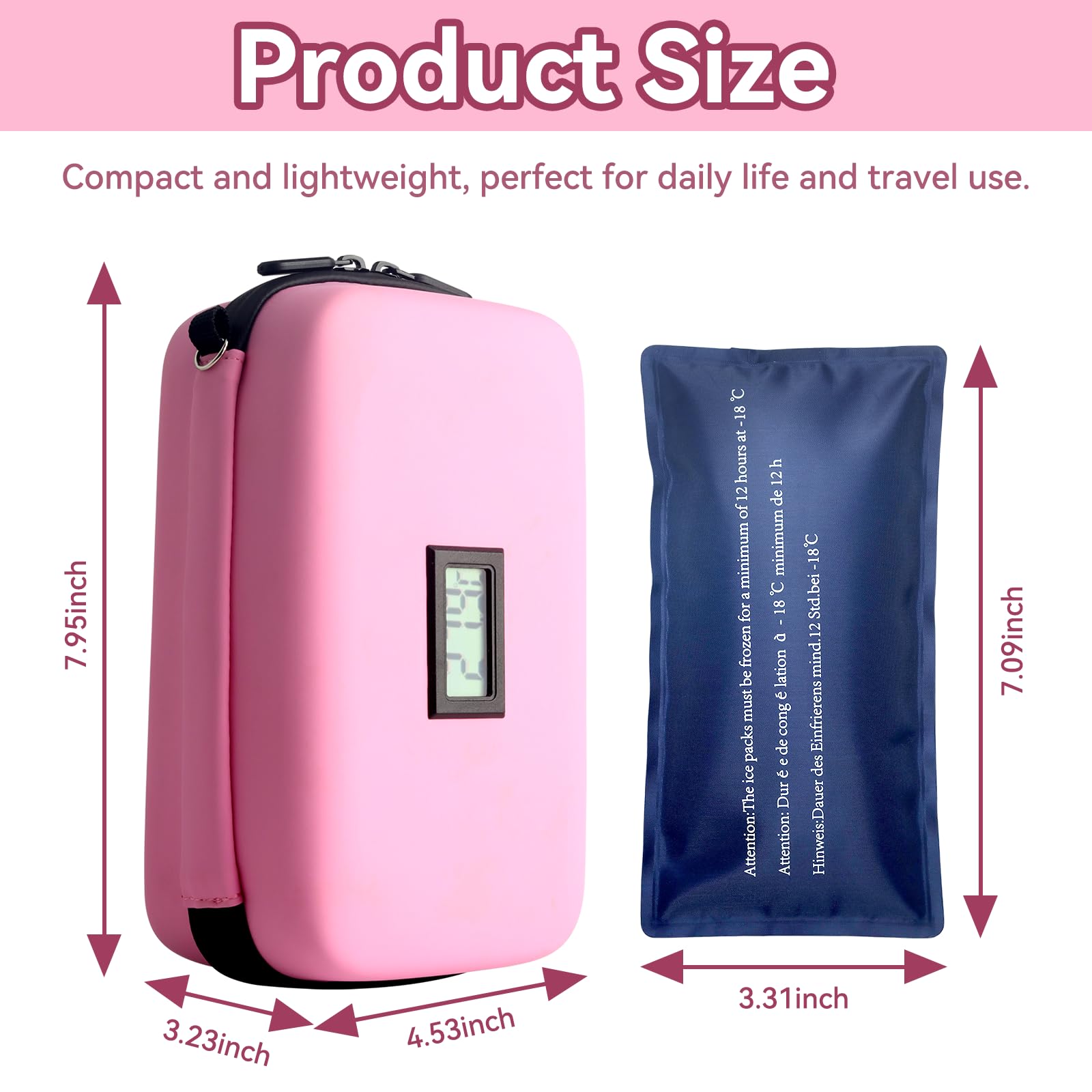 Insulin Cooler Travel Case, TSA Approved Medication Diabetic Cooler Organizer Bag with Thermometer Temperature Display 2 Ice Packs, Pink