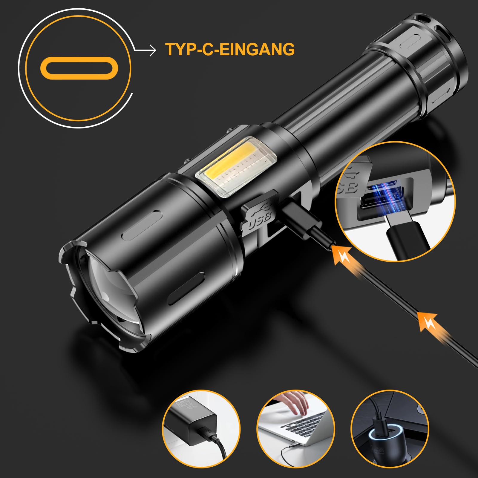 Lampe Torche LED Ultra Puissante, 1000000 Lumens Lampe De Poche LED Ultra Puissante, Lampe Torche Rechargeable USB, 9 Modes, Avec Feu LatéRal COB, Lampe Tactique Pour Camping Urgence Cadeaux