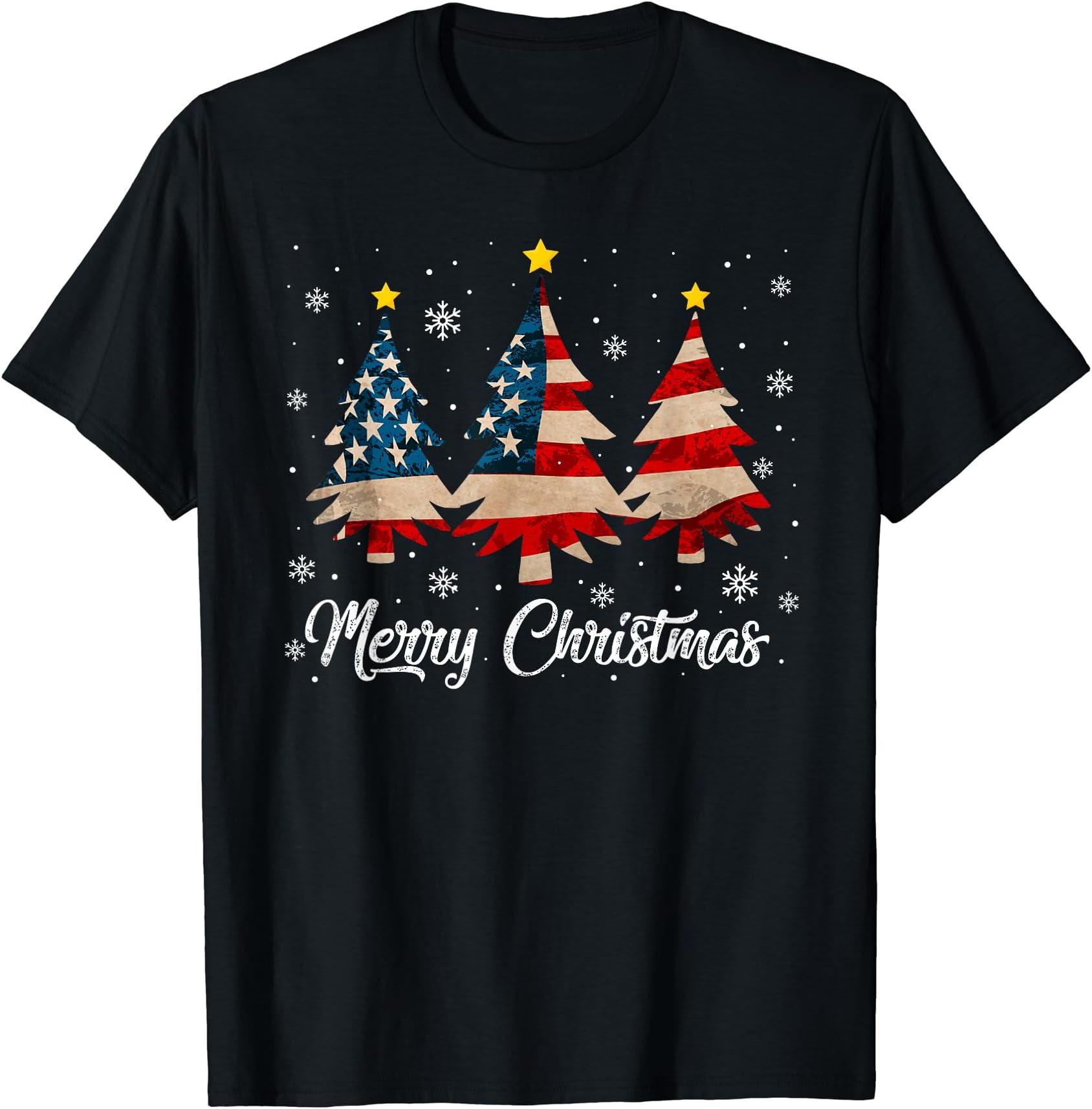 Merry Christmas, American Flag Tree, US Flag Snow Funny Xmas T-Shirt