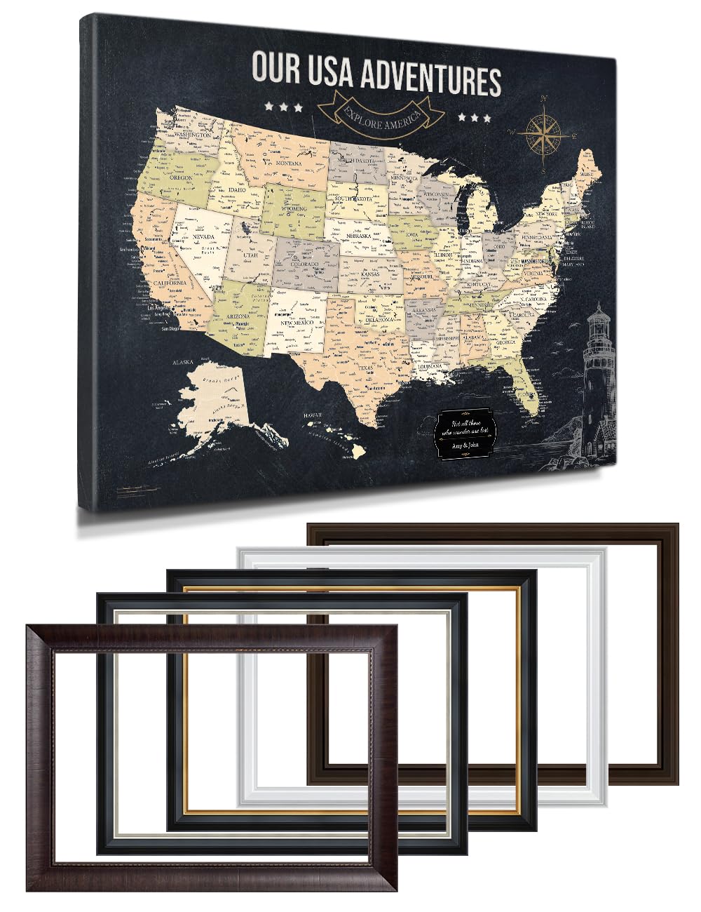 IPIC Personalized Vintage Framed USA Map Pin Board, Image Size 30x24 in