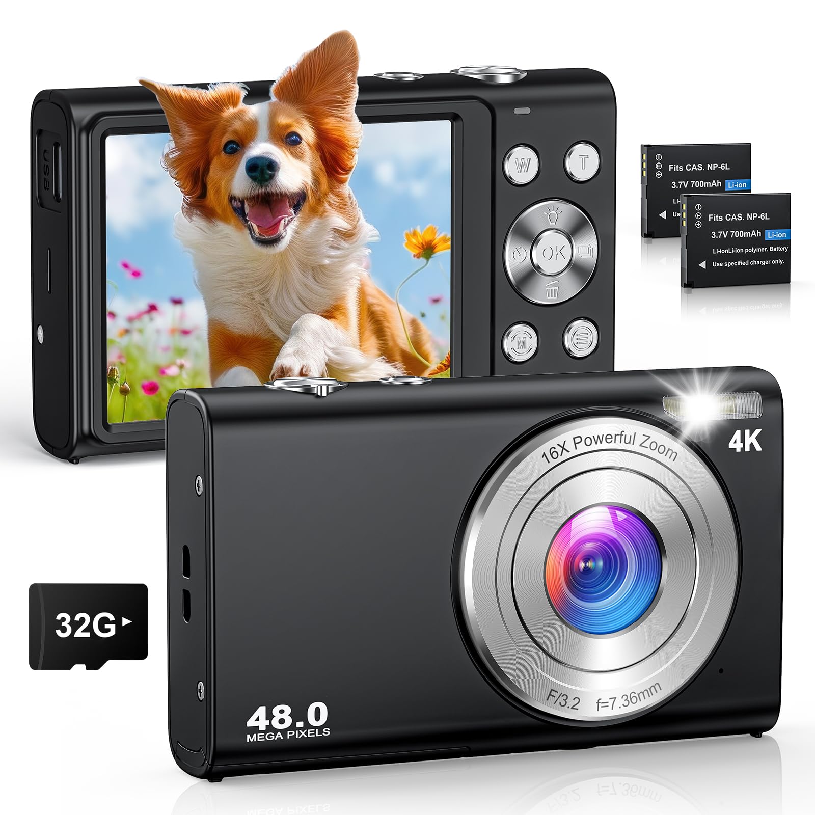 4K HD Cámara Digital 48MP Autofocus Cámara de Fotos con Tarjeta SD de 32 GB, Cámara Compacta Zoom 18X y 2 Baterías, Recargable Compacta Portátil Cámara para Principiantes