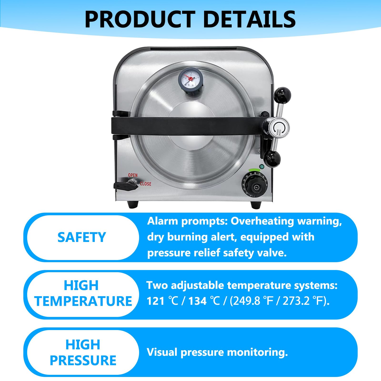 Scatola per Pulizia Utensili in Metallo Ad Alta Temperatura, con Doppia Temperatura E Doppia Pressione, cavità in Acciaio Inossidabile, per Strumenti per Unghie 14L-900W