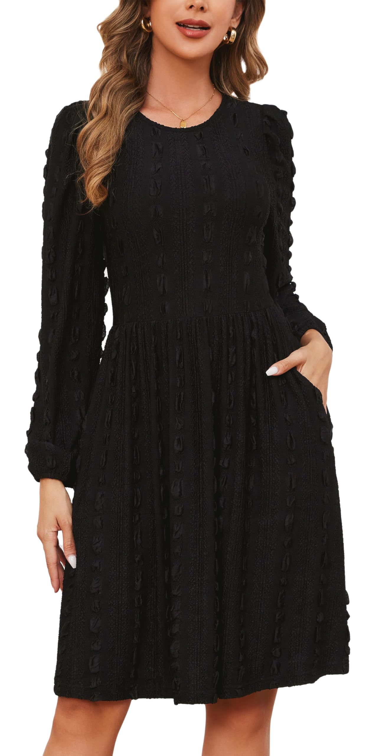 Kormei Women's Casual Crew Neck Long Sleeve Knit Sweater Dress with Pockets A-Line Swing Fall Dresses