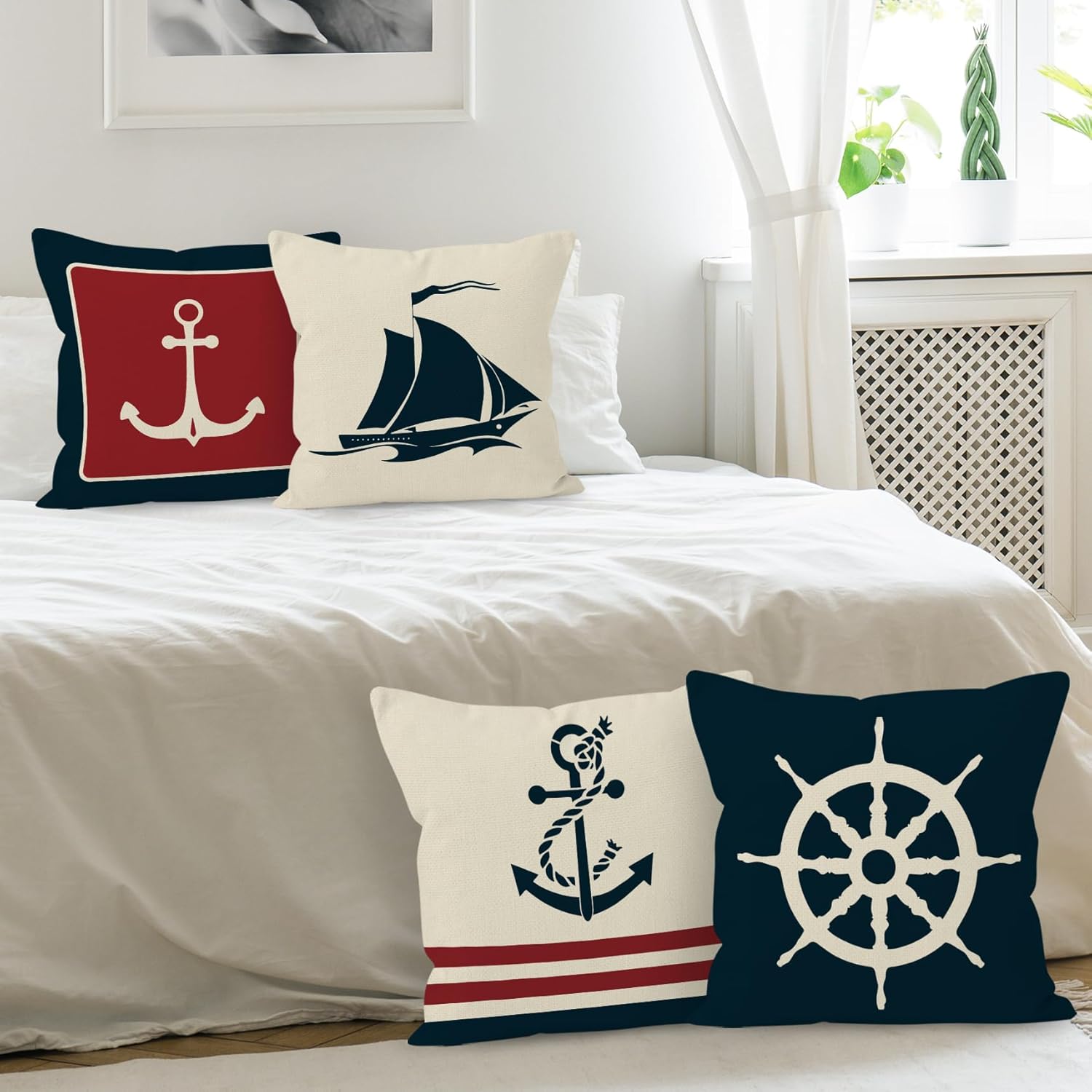 Navy Blue Nautical Coastal Ocean Boat Anchor Throw Pillow Covers, Ship Sailboat Gifts for Sea Lovers Men, Boat Pillow Cases 18 x 18 Inch Home Beach Ship Sofa Decor Set of 4 - Image 3