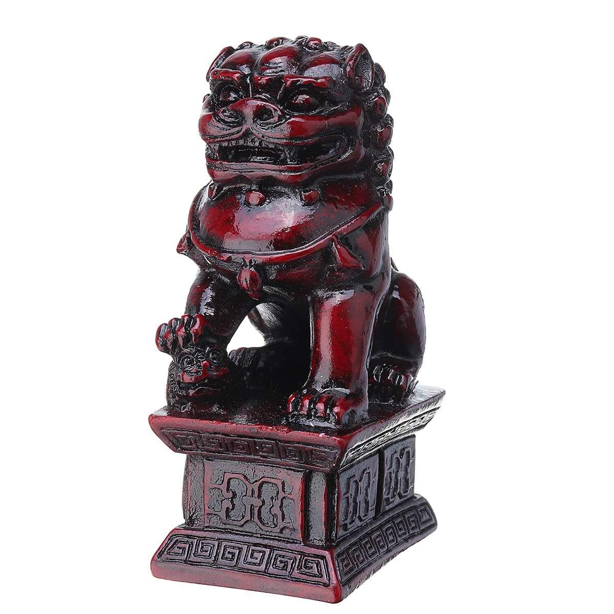 LILOVE Czerwona chińska rzeźba lwy Fengshui żywica Fu Foo pies strażnik drzwi lwy statuetka bestia statuetka do dekoracji rzeźby domu (2 sztuki)