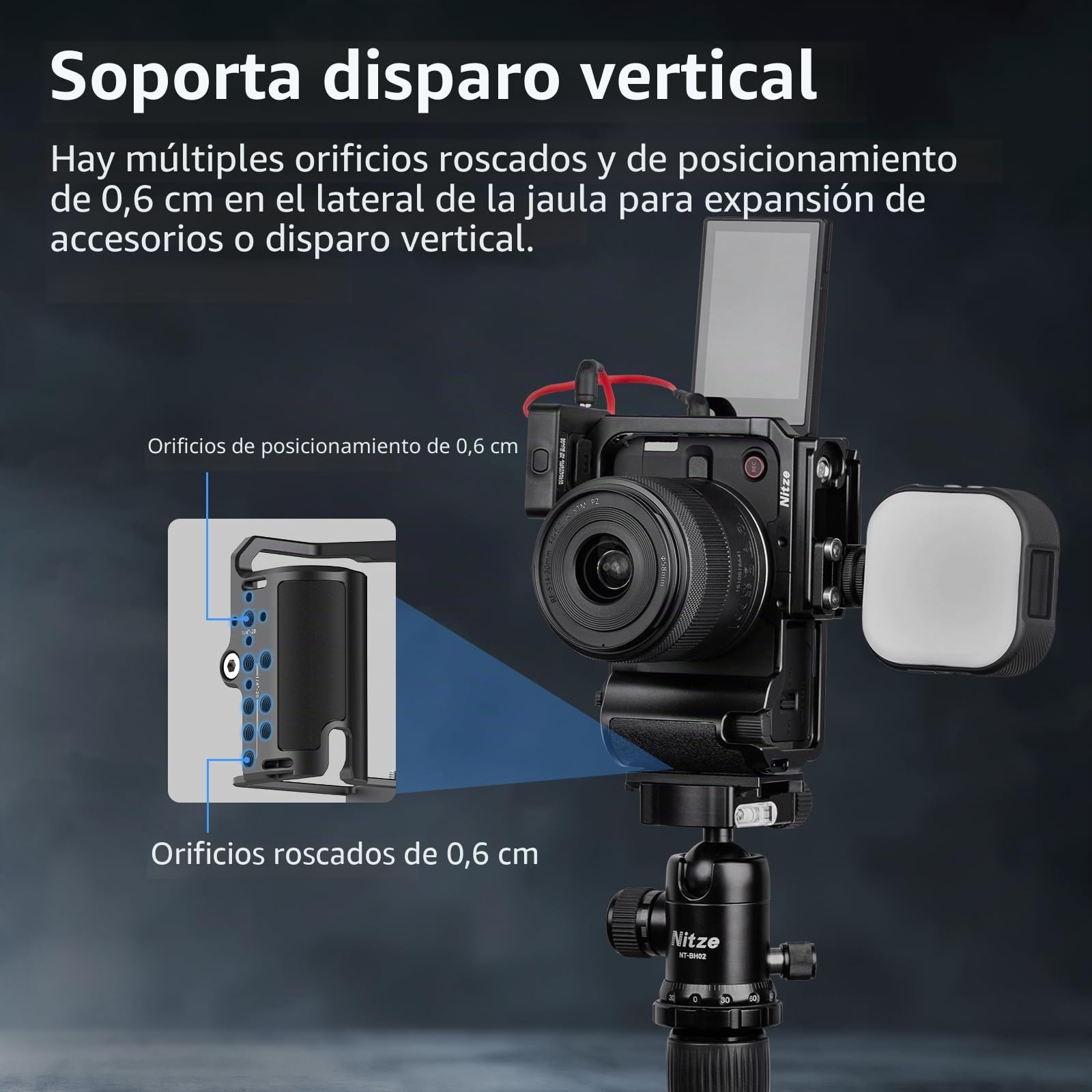 Nitze R50V Jaula para Canon R50 V, Cage para Cámara con Adaptador de Zapata Fría y Empuñadura Ergonómica de Silicona Integrada, Liberación Rápida para Arca, Compatible con Disparos Verticales - T-C07A