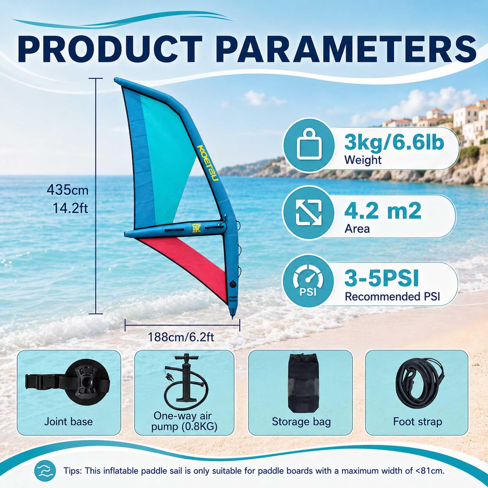Vela Da Windsurf, Vela Gonfiabile Portatile Per Tavola Da Stand Up Paddle Con Base Girevole A 360° | Finestra Di Sicurezza | Zaino | Tessuto In Pvc Oxford Per Windsurf, Avventura, 4,3 M