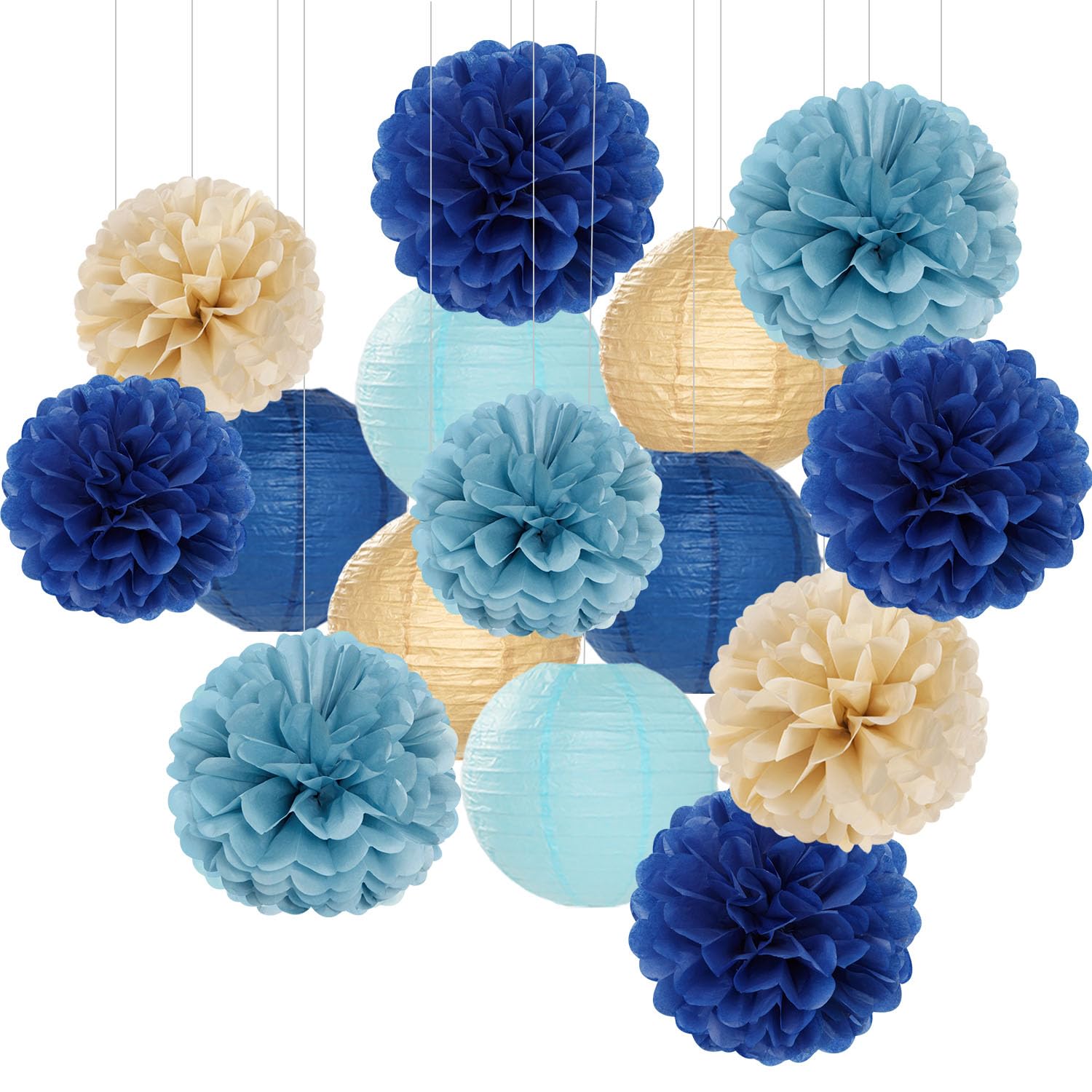 Dusty-Navy Blue Champagne-Gold Paper-Flowers Lanterns - 15pc Christmas Graduation Party Decorations Tissue Pom Poms Streamers,Birthday Bachelorette Bridal Baby Shower Engagement Wedding Decor Panduola