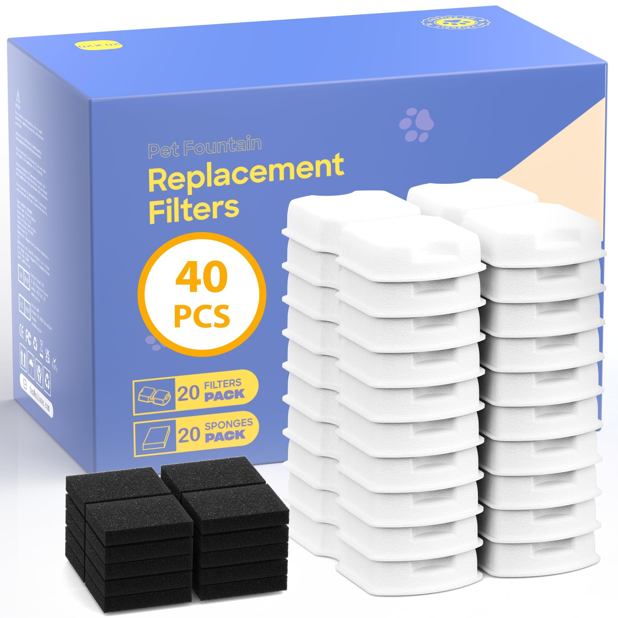 GIOTOHUN Filters for Cat Water Fountain: 40 Cat Water Fountains Filter - 20 Carbon Filters & 20 Foam Filters - Suitable for GIOTOHUN Stainless Steel Cat Fountain S11