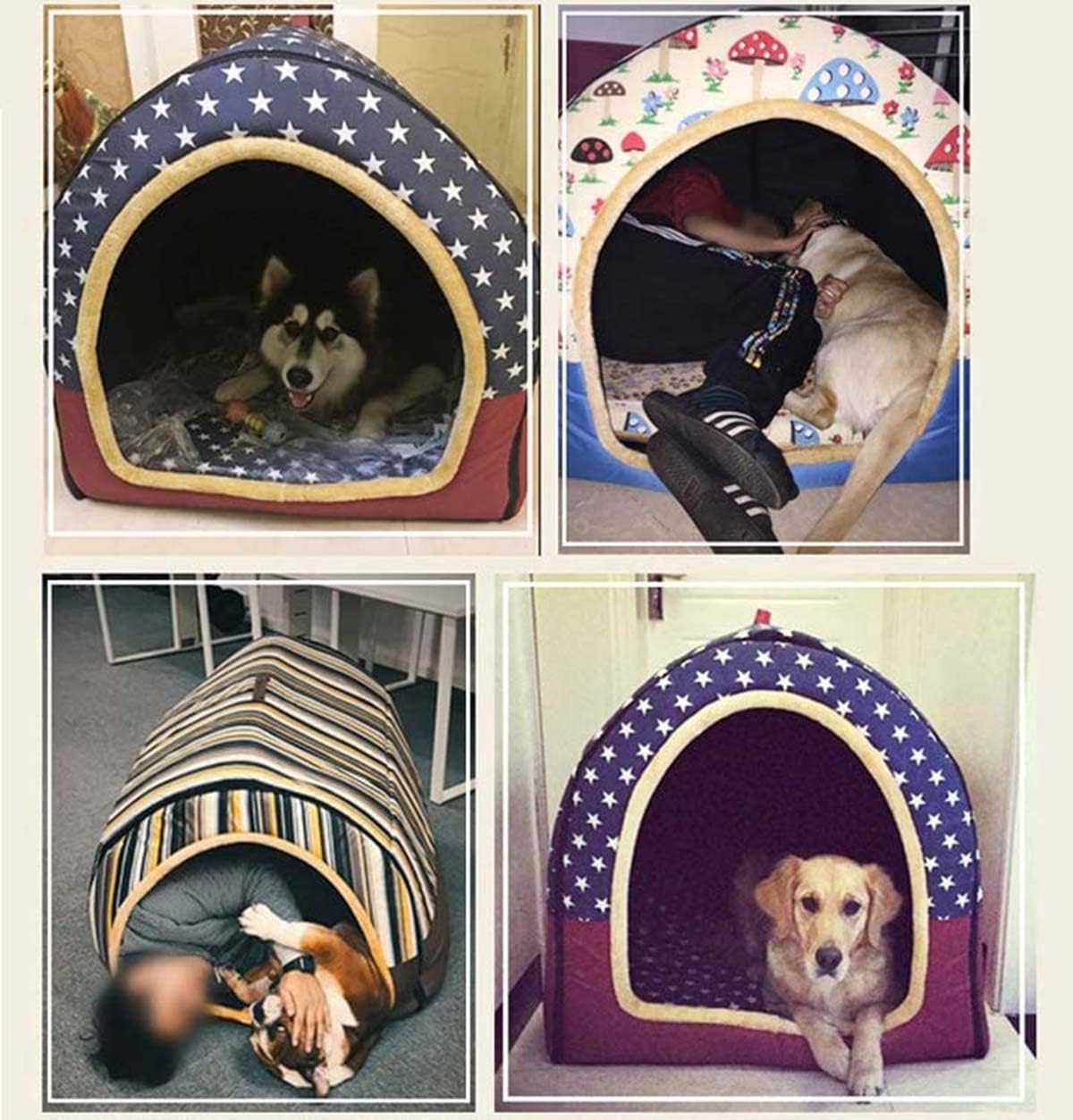 Large Dog House Indoor Cozy Cottage House Shaped Pet Bed Foldable Cat Cave Pet Bed with Warm Plush Cushion, Zipper Design Detachable Washable Pet Tent