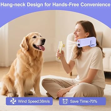 Pet Hair Dryer, Neck-Hanging Dog Dryer for Pet Grooming with 3 Speeds 4 Temp, Dog Blow Dryer for Small to Medium Pets with Stand, for Pet Salon Grooming, Powerful Airflow for Rapid Drying(Purple)