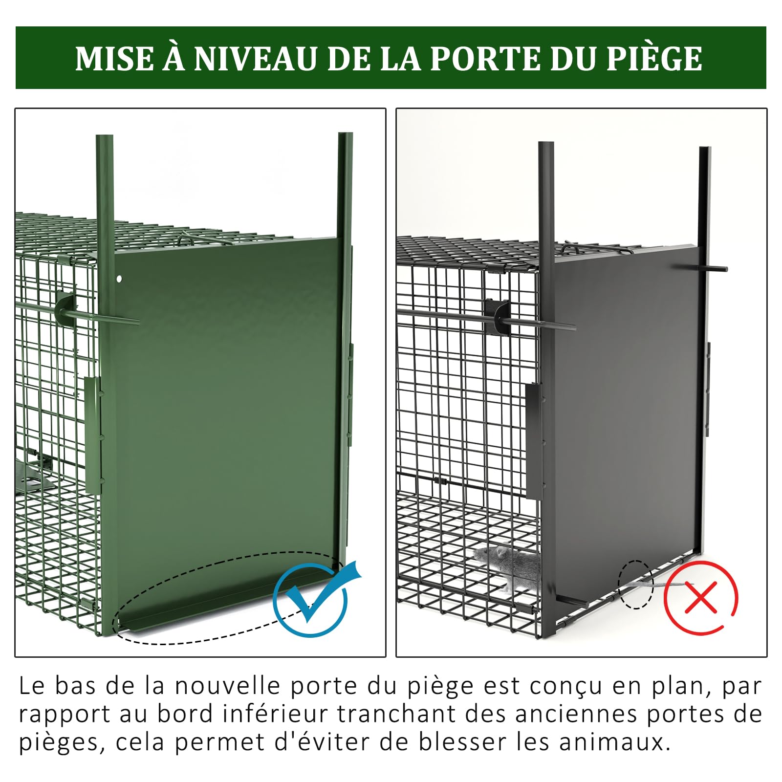 Piège Fouine Cage 80 x 26 x 26 CM Piège Chats Métal Piège Réutilisable Pliable des Animaux pour Martres,Renards,Rats Piège d'animaux Cage avec 2 entrées - Vert