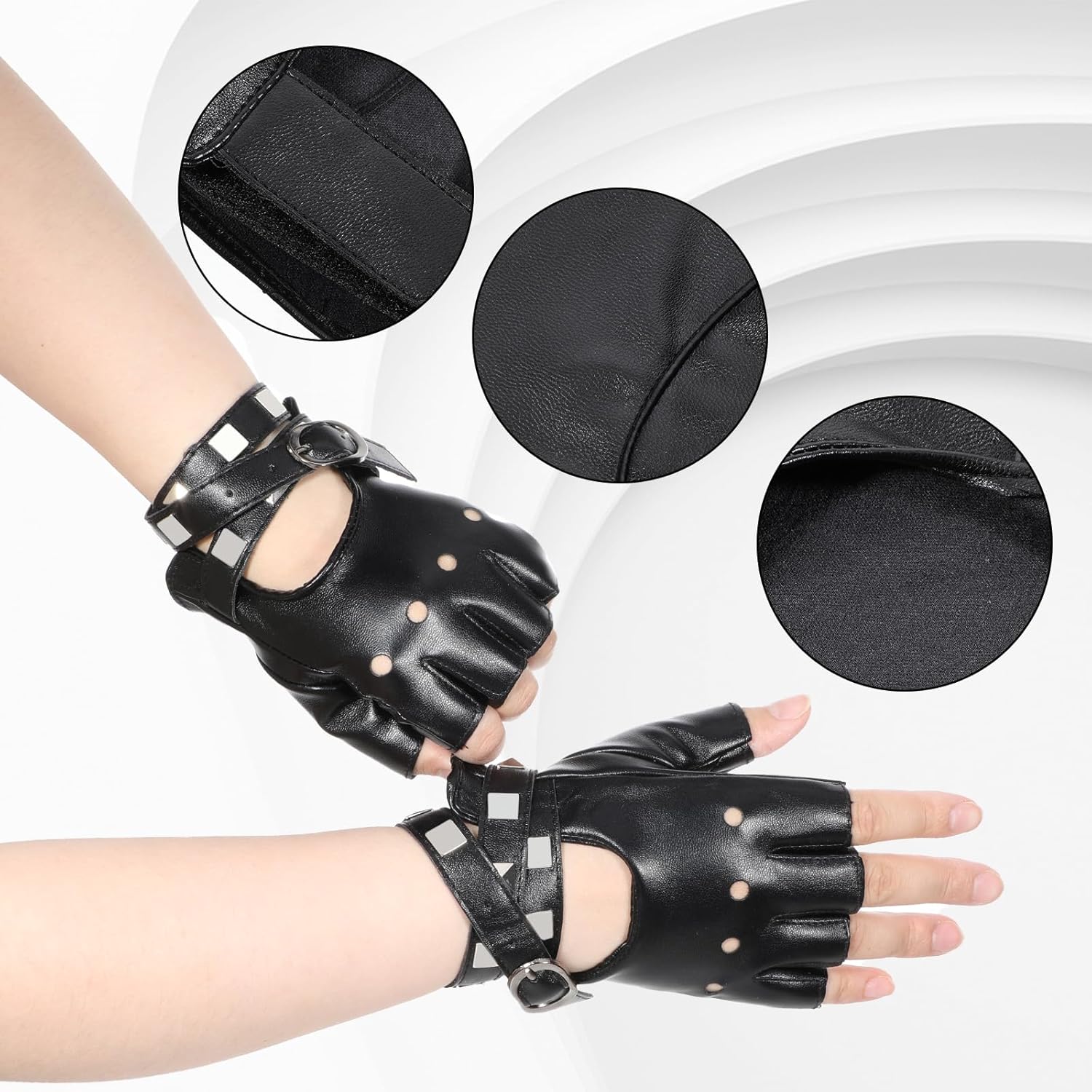 Leather Punk Gloves, Black Fingerless Faux Leather Gloves, PU Faux Leathers Outdoor Sport Half Finger Glove with Belt Up Closure and Rivet for Women - Image 3