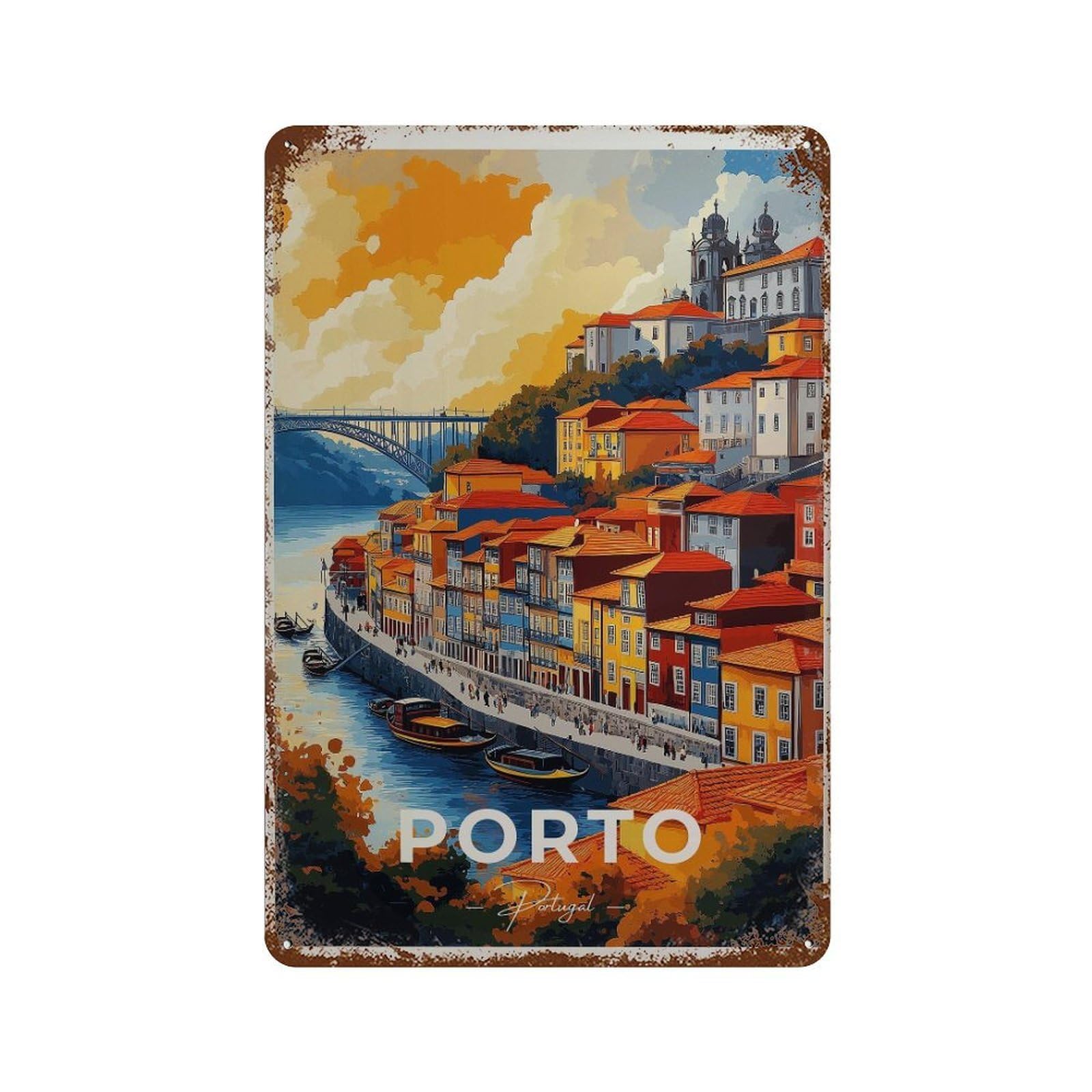 xiaoxiaoshen Porto Portugal Travel Illustrated Cityscape Wall Decor Art Metal Tin Poster Modern Home Decor Art Home Bar Shop Decorations Vintage Sign 30x20cm