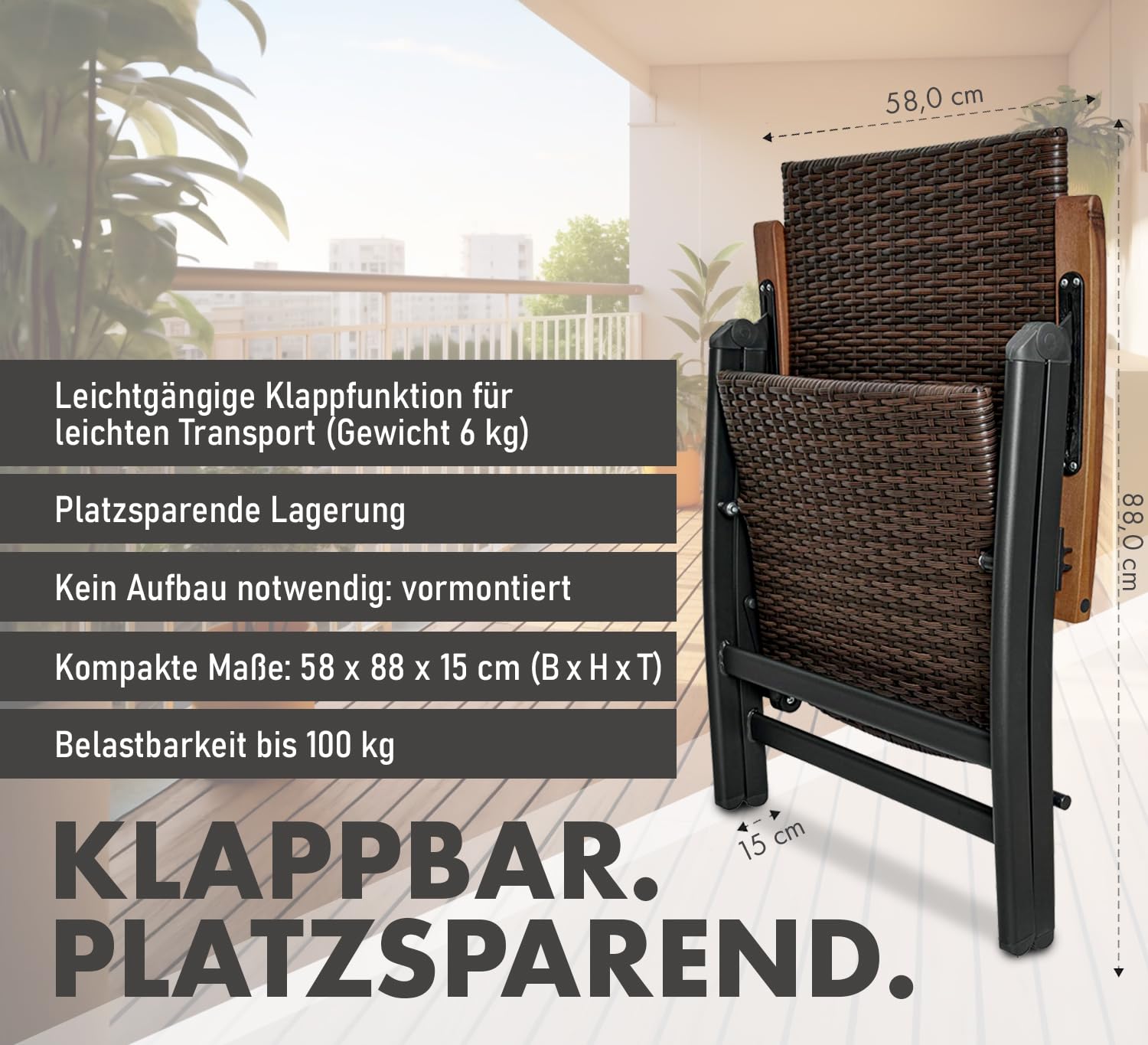 BRUBAKER 2er Set Polyrattan Gartenstuhl Modena - Hochlehner aus Metall und Poly Rattan klappbar - 7-Fach verstellbare Rückenlehne - wetterfester Faltstuhl/Klappstuhl - Braun Grau