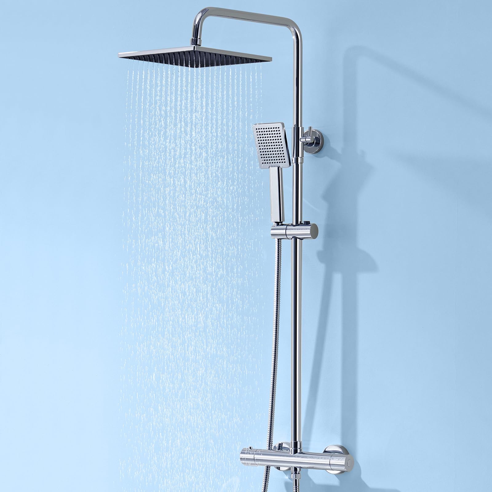 Auralum Thermostat-Duscharmatur komplettset mit Verbrühschutz, Duschsystem mit Regendusche, Duschgarnitur mit 25x25cm Regendusche, Duschkopf, Edelstahl-Duschstange & Schlauch, Duscharmatur Set Chrom