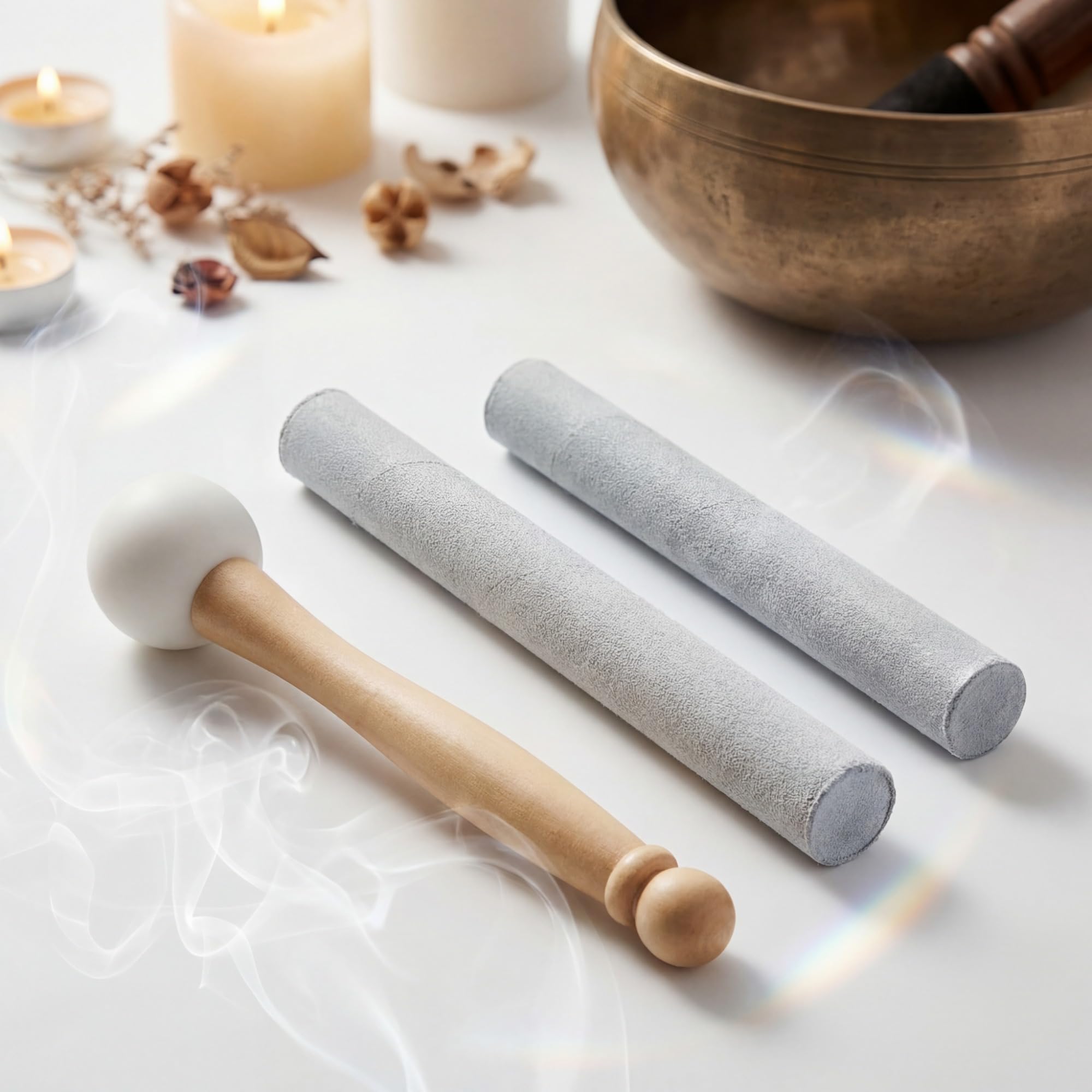 3 Pieces Crystal Singing Bowl Mallet Set, Include Thick Suede Striker Solid and Hollow Sound Bowl Stick, Crystal Singing Bowl Rubber Mallet with Wood Handle for Playing Bowl