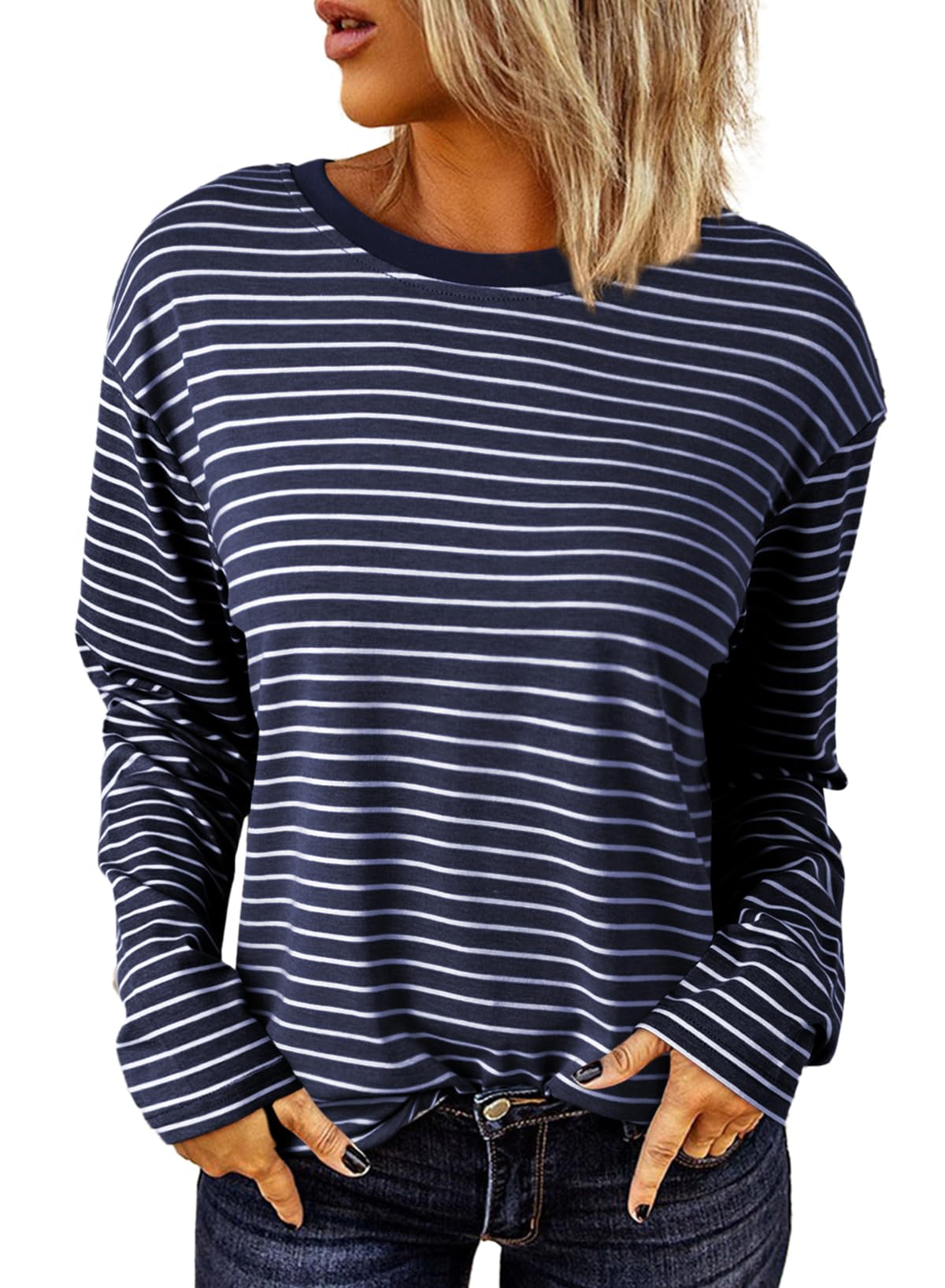 Dokotoo Langarmshirt Damen Rundhals Gestreift T-Shirt Basic Longsleeve Lässige Oberteile Shirt Tops S-XXL