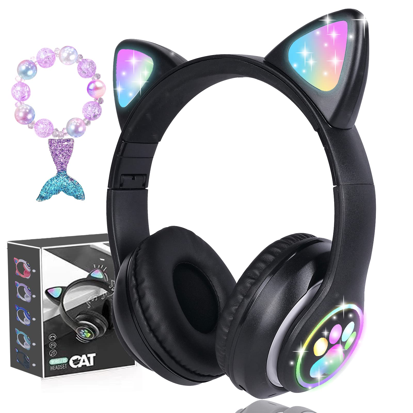 kuyaon Wireless Kids Headphones for Boys Girls, Cat Ear LED Light Up Bluetooth Headphones with Microphone for School/Travel/Sports/Gaming/Gifts/